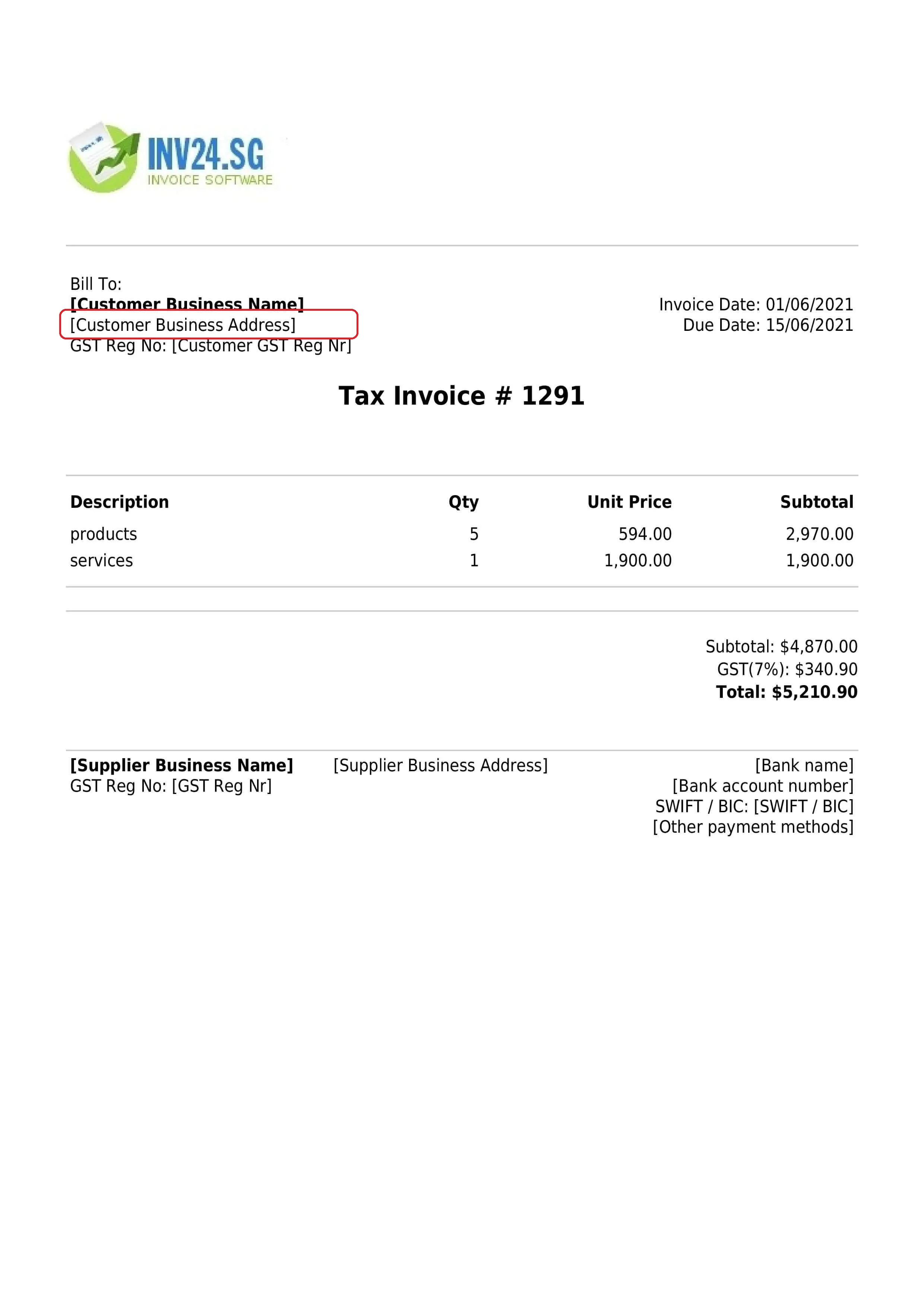 invoice customer's business address