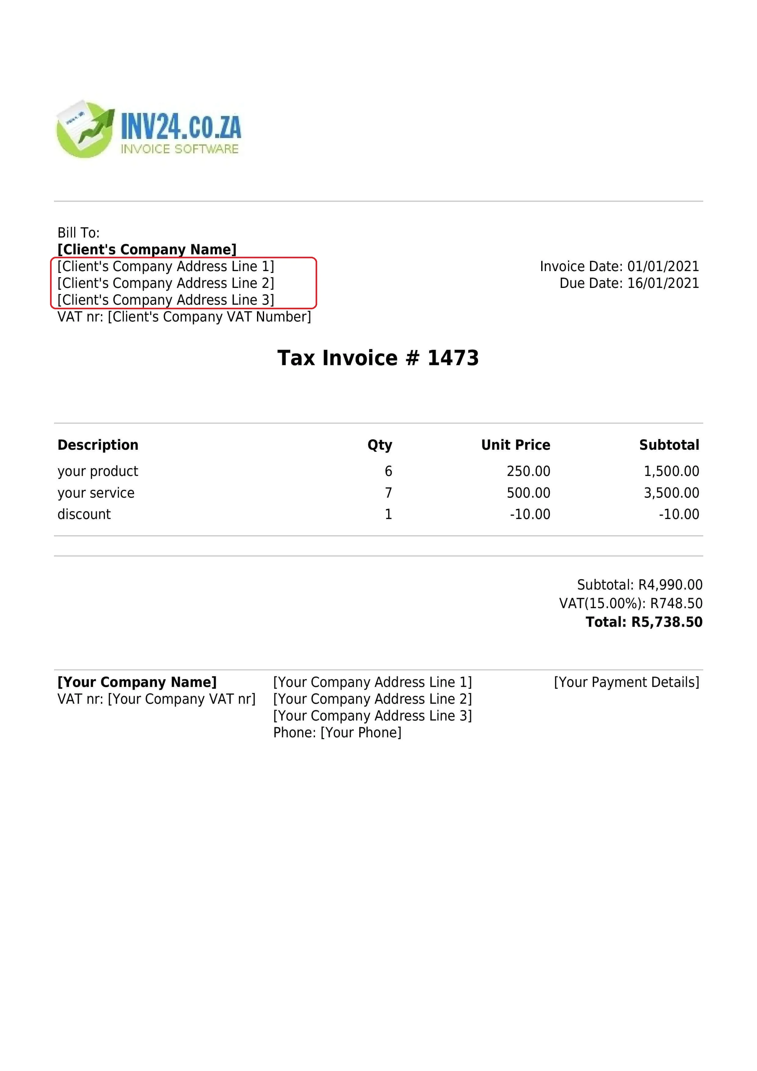 Invoice customer s business address in south africa