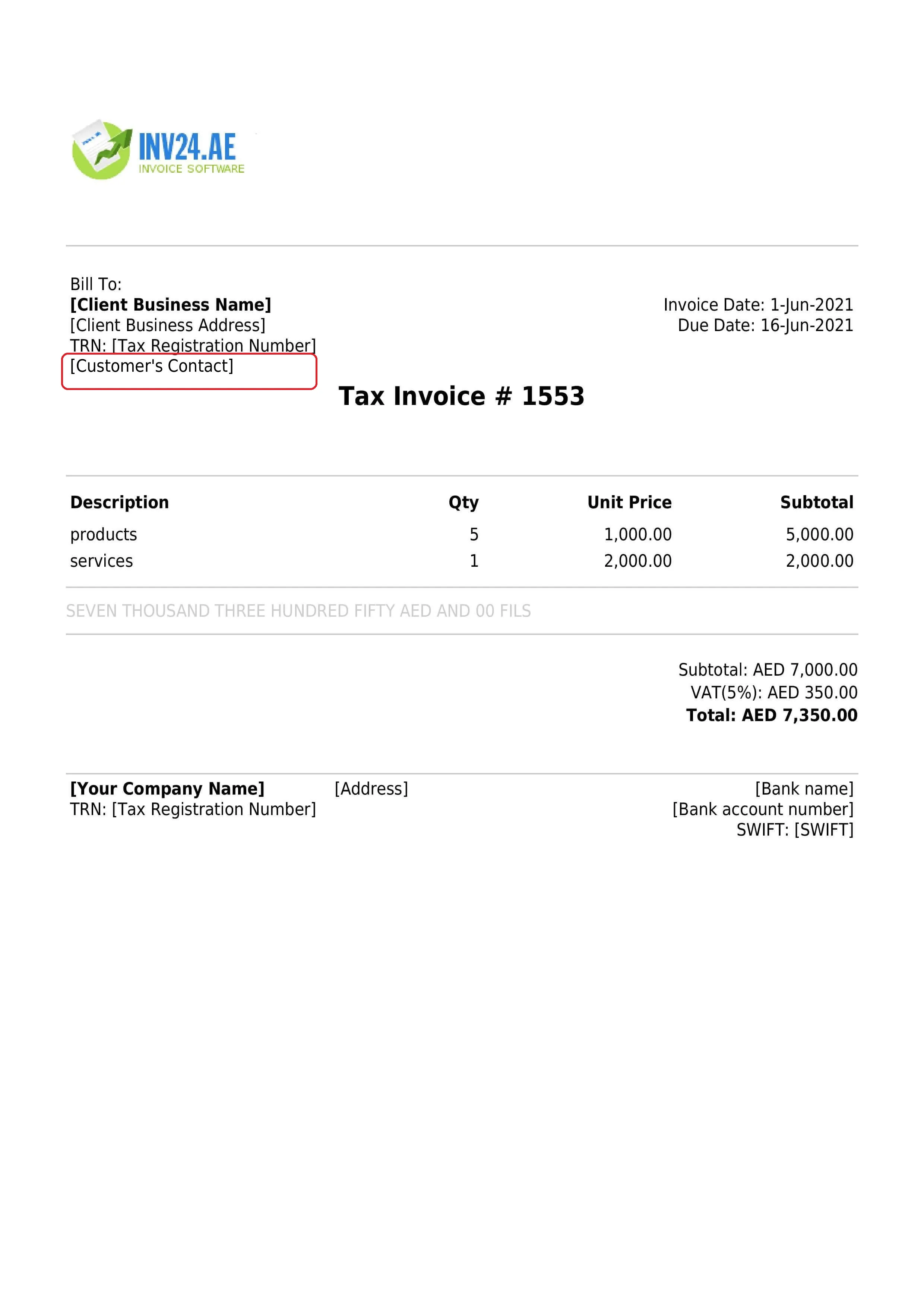 customer's contact details on the invoice