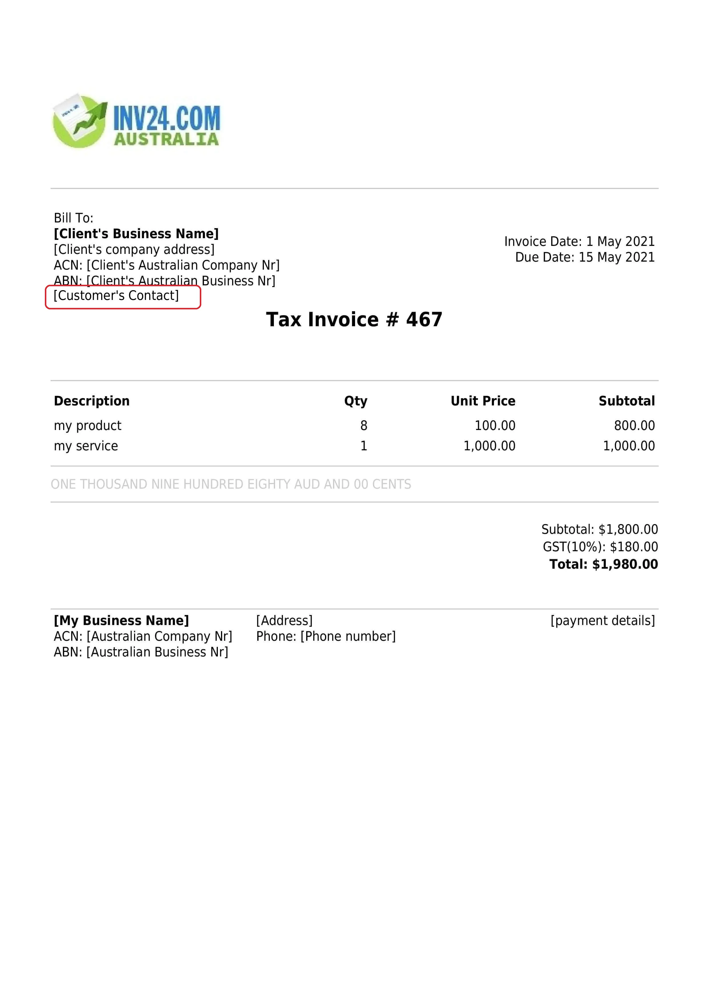 customer's contact details on the invoice