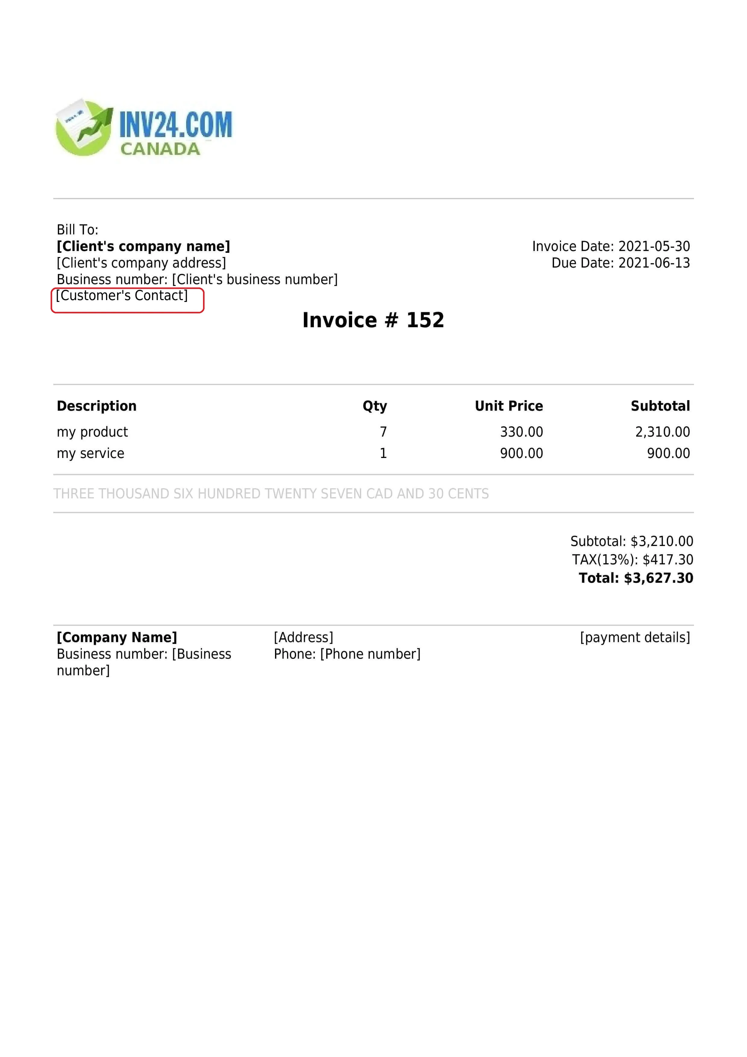 customer's contact details on the invoice
