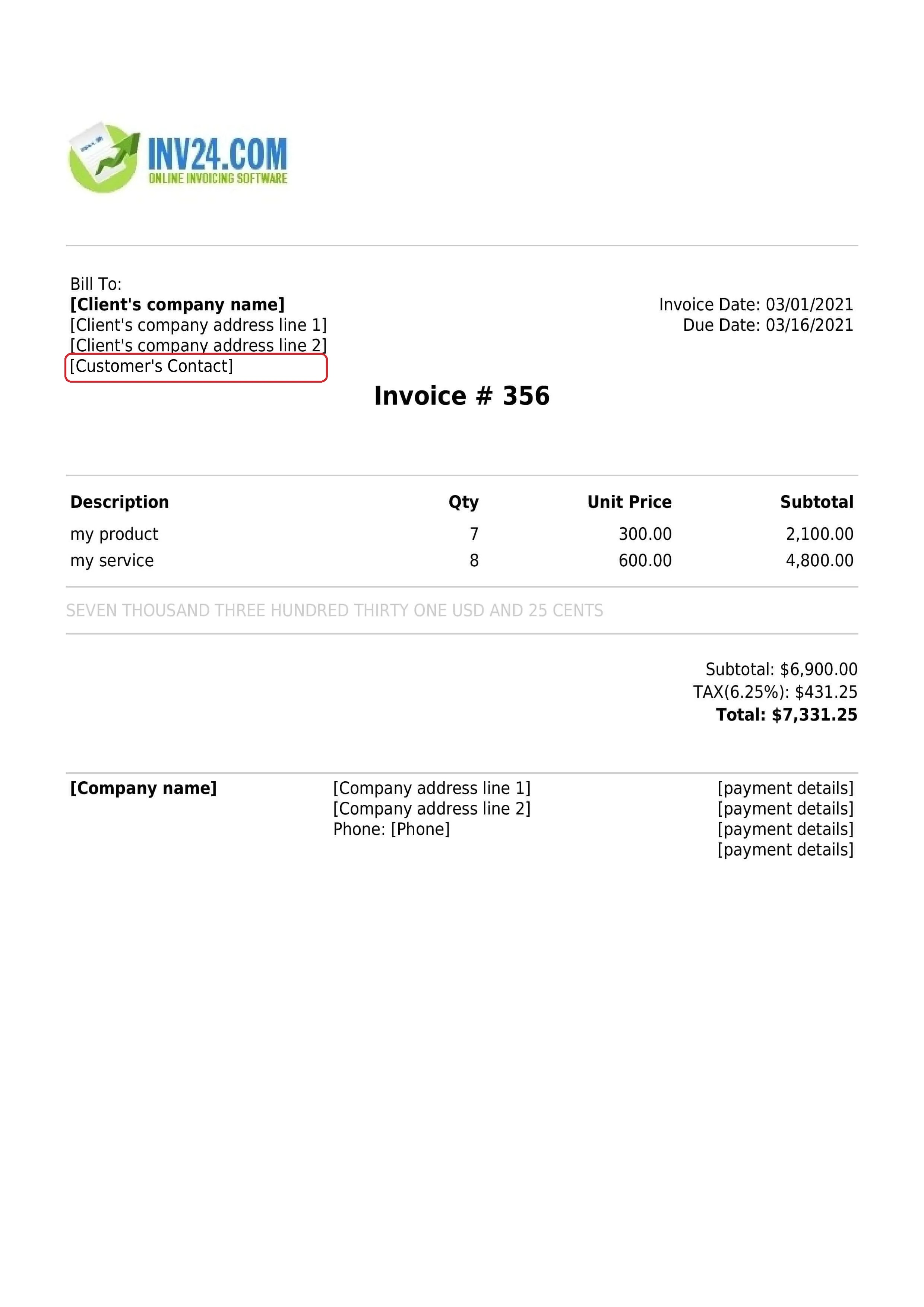 customer's contact details on the invoice