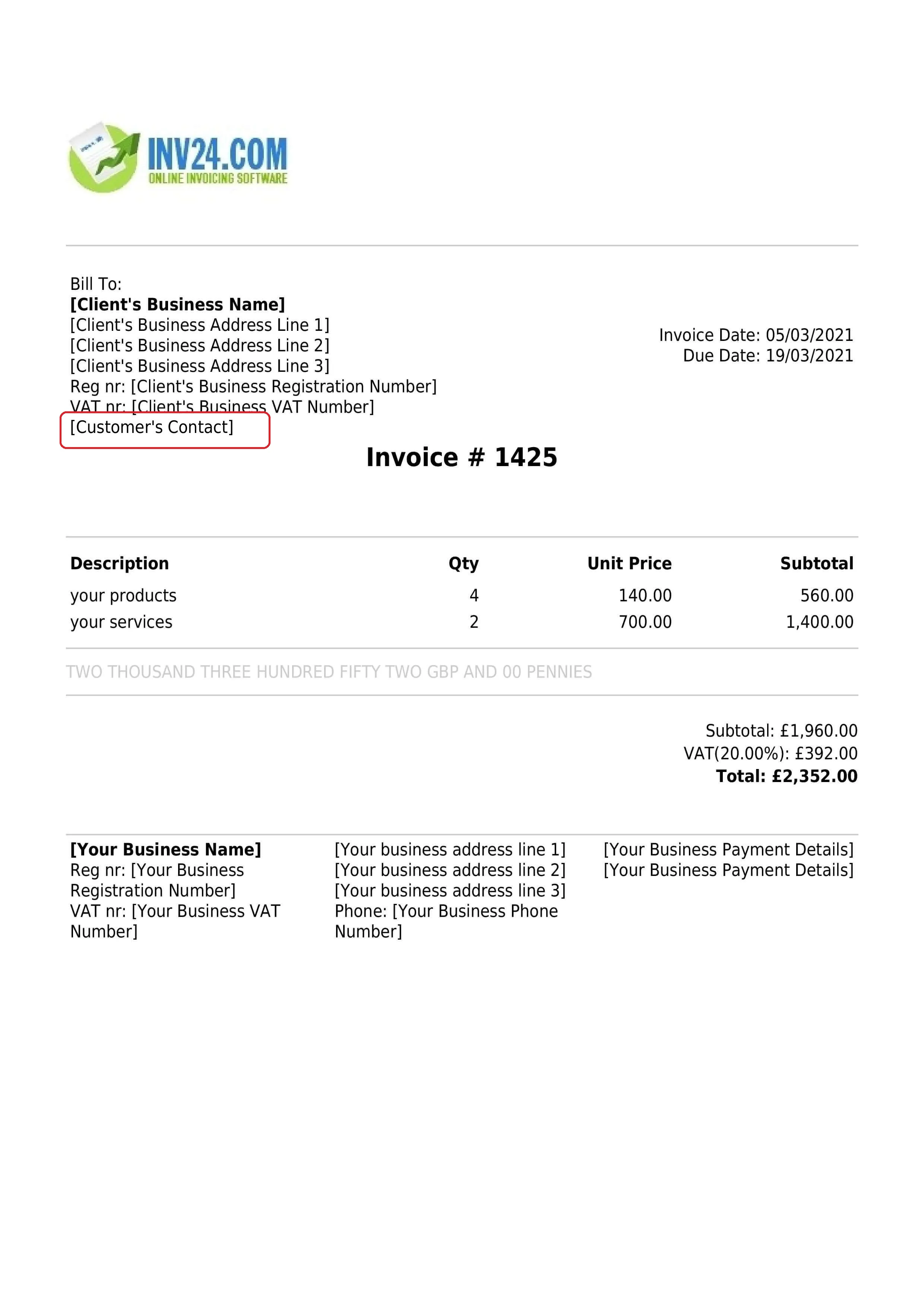 customer's contact details on the invoice