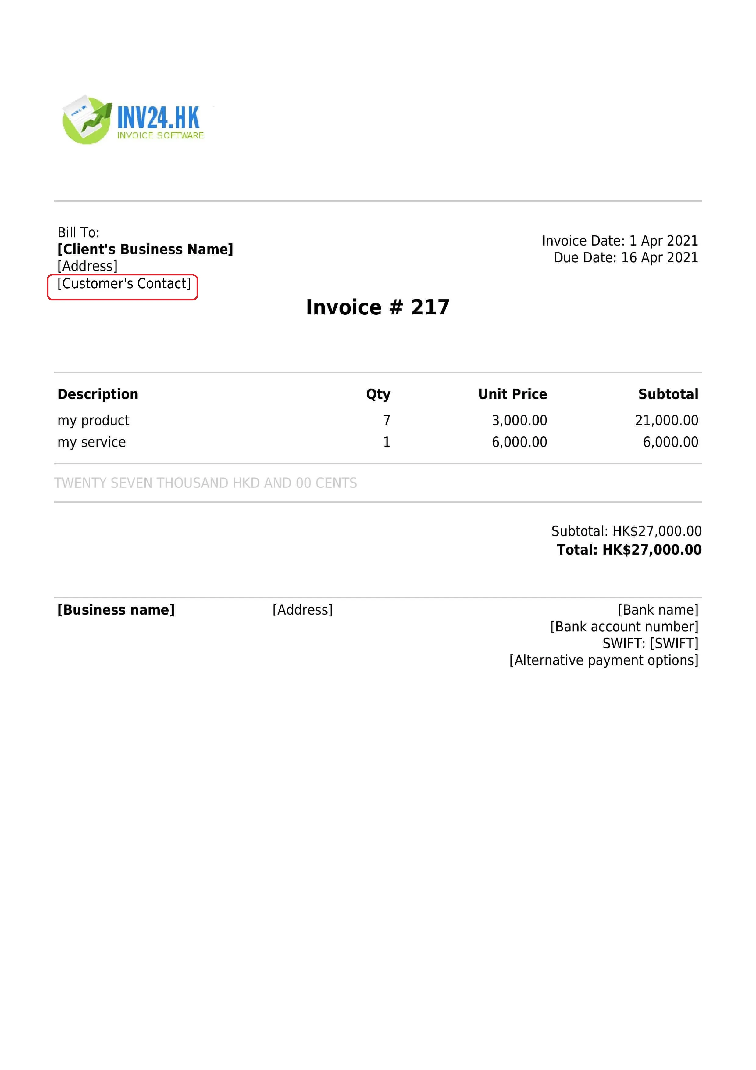 customer's contact details on the invoice