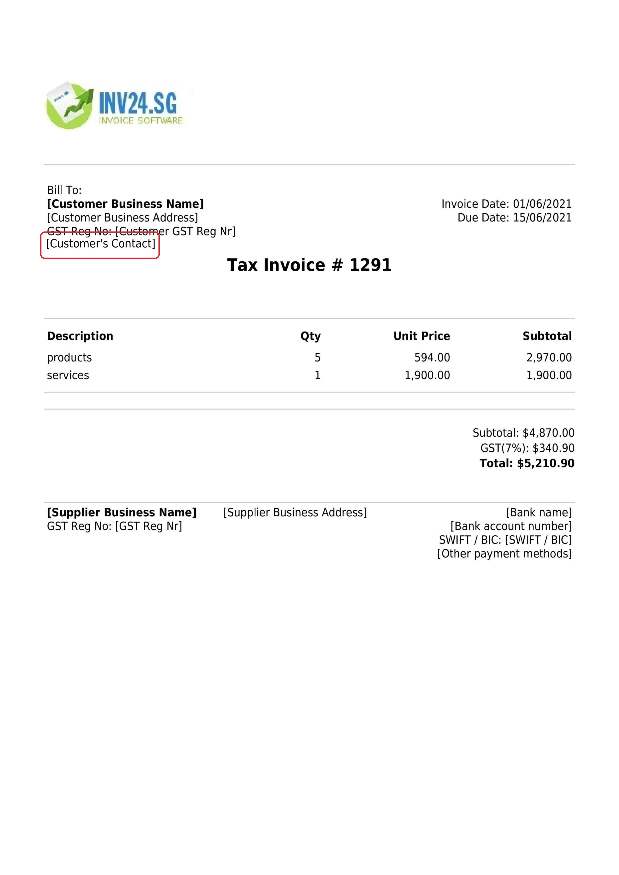 customer's contact details on the invoice