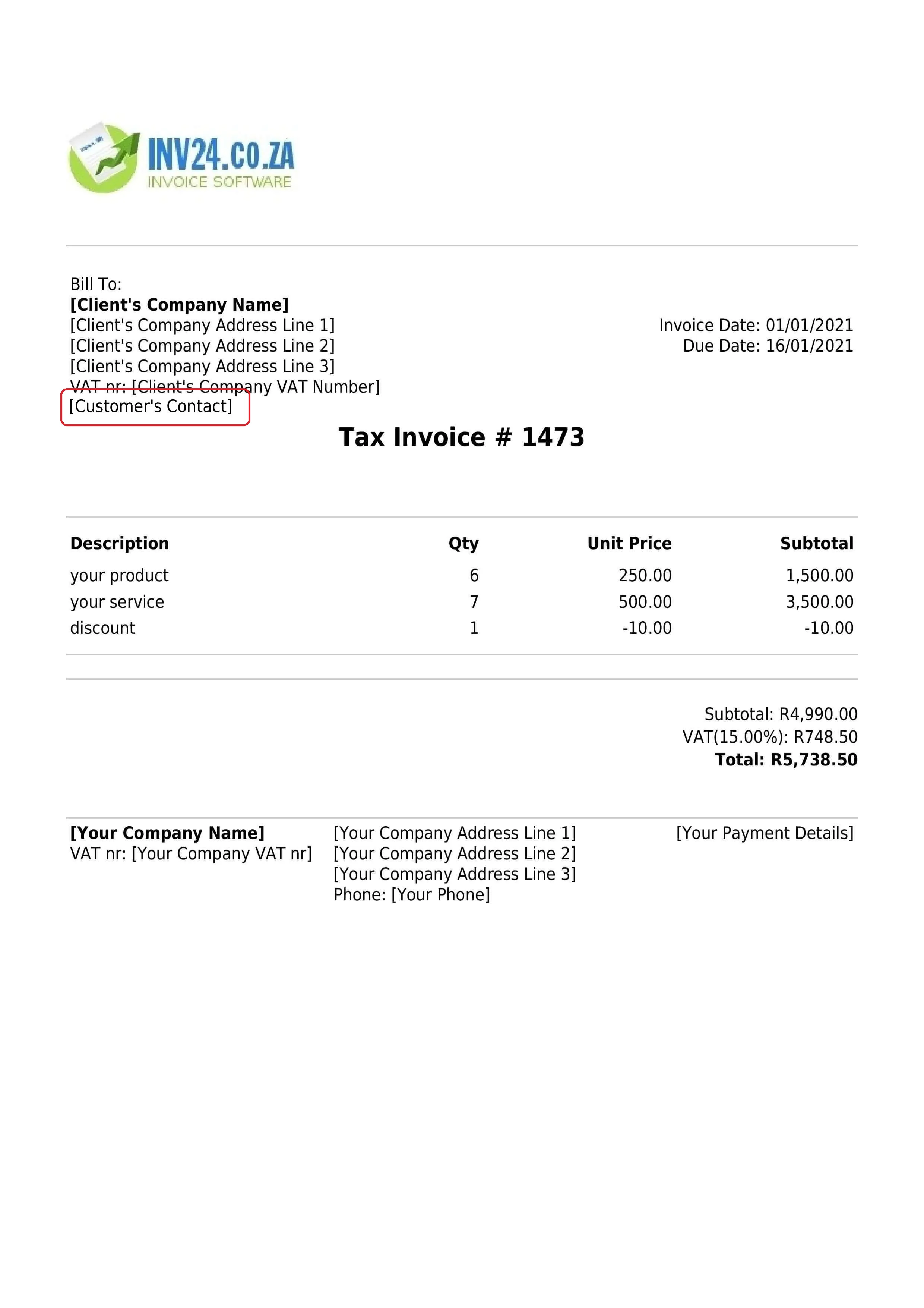 customer's contact details on the invoice