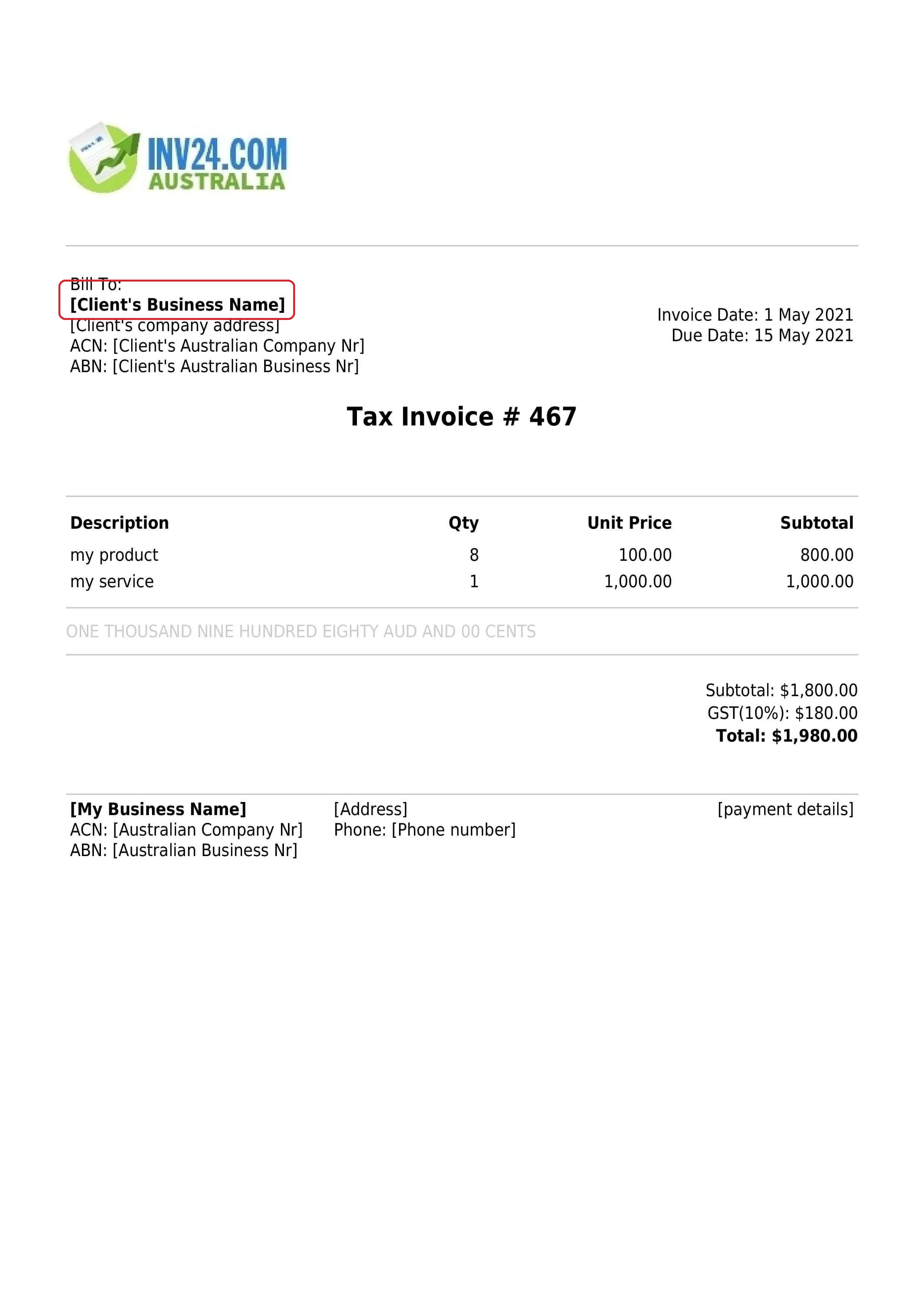 customers business name on the invoice