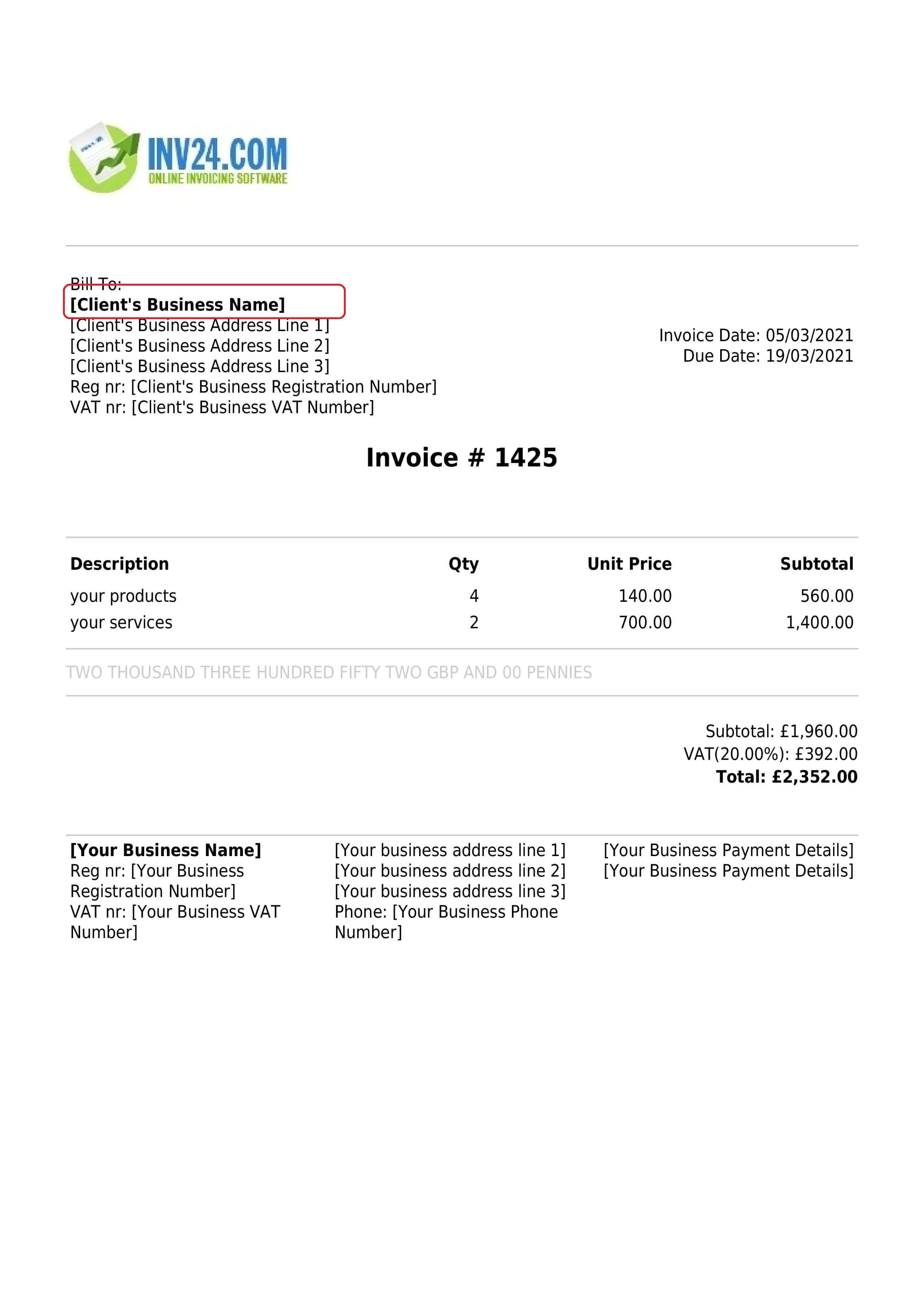 customers business name on the invoice