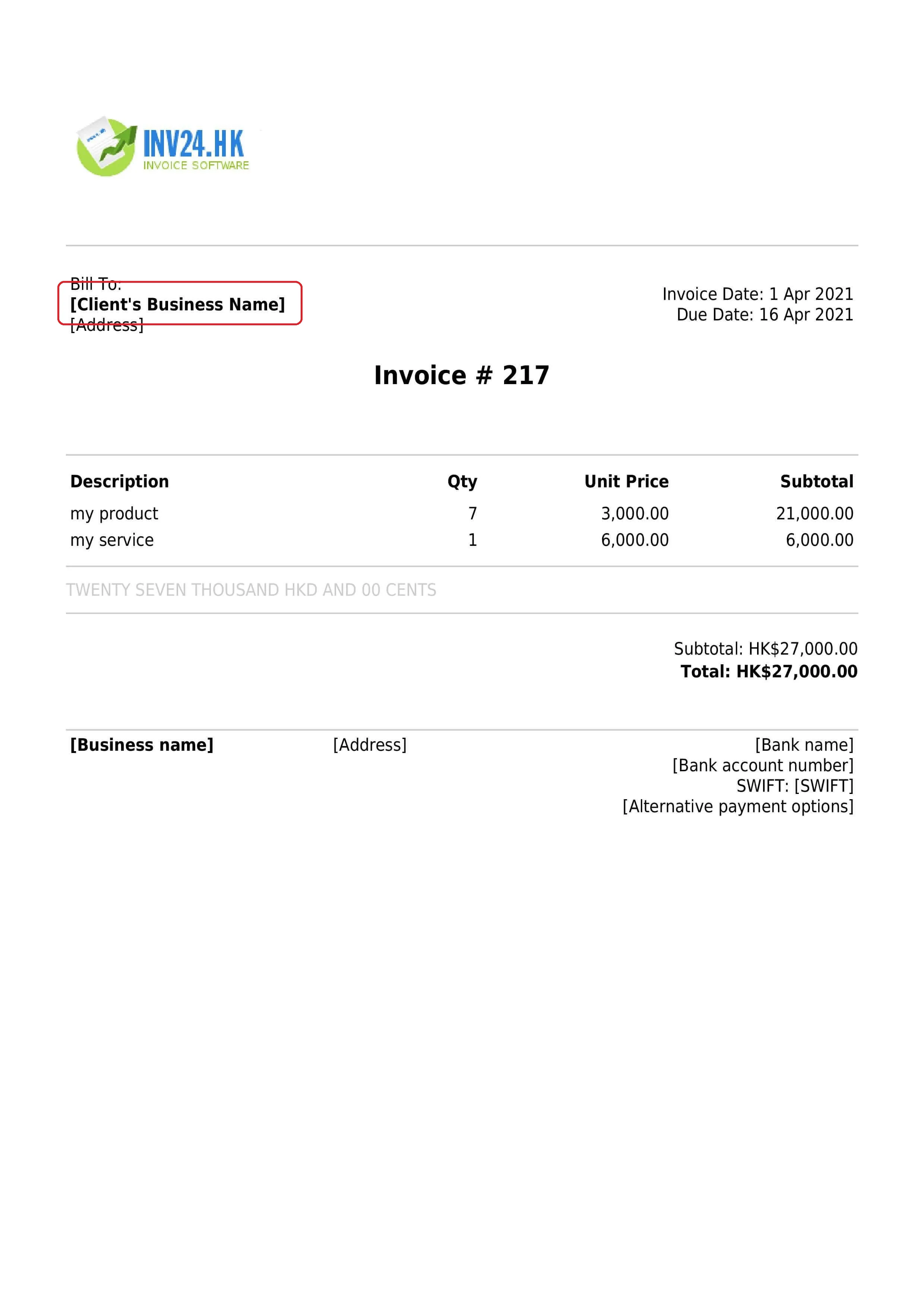 customers business name on the invoice
