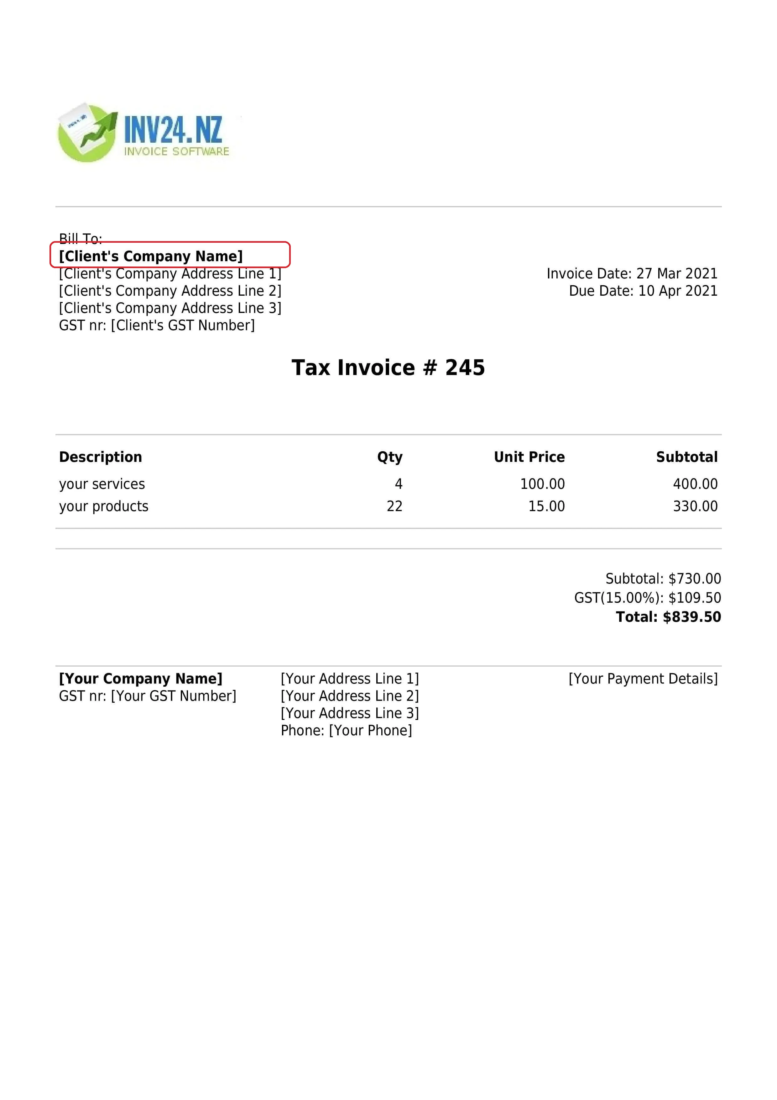 customers business name on the invoice