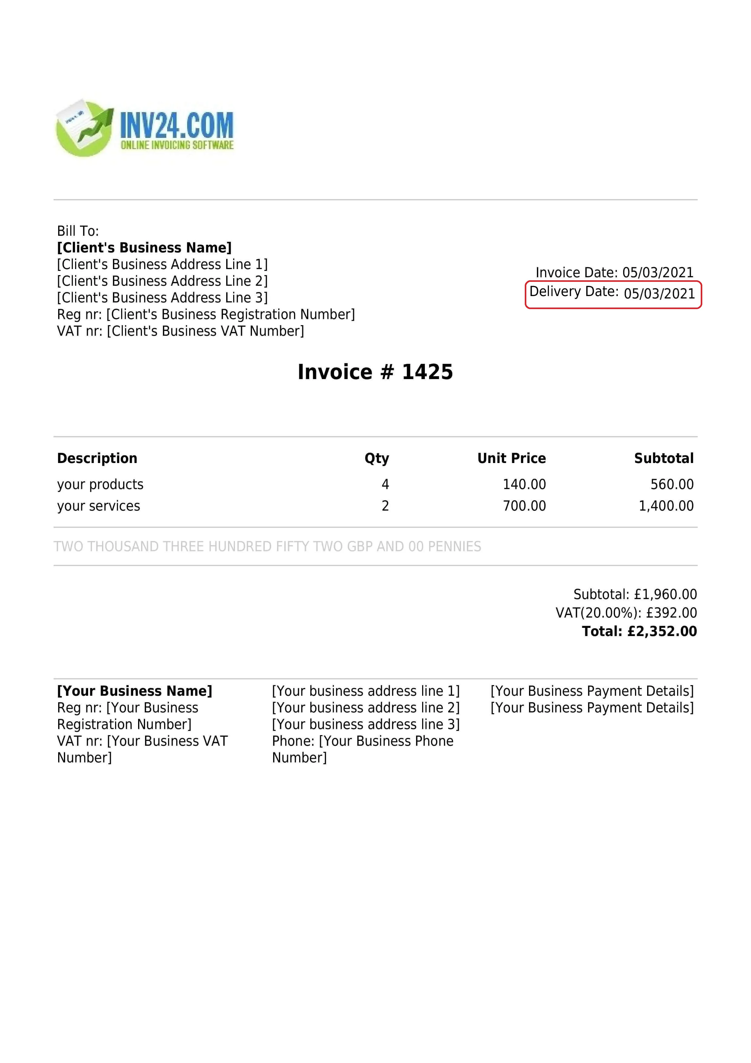 delivery date on invoice