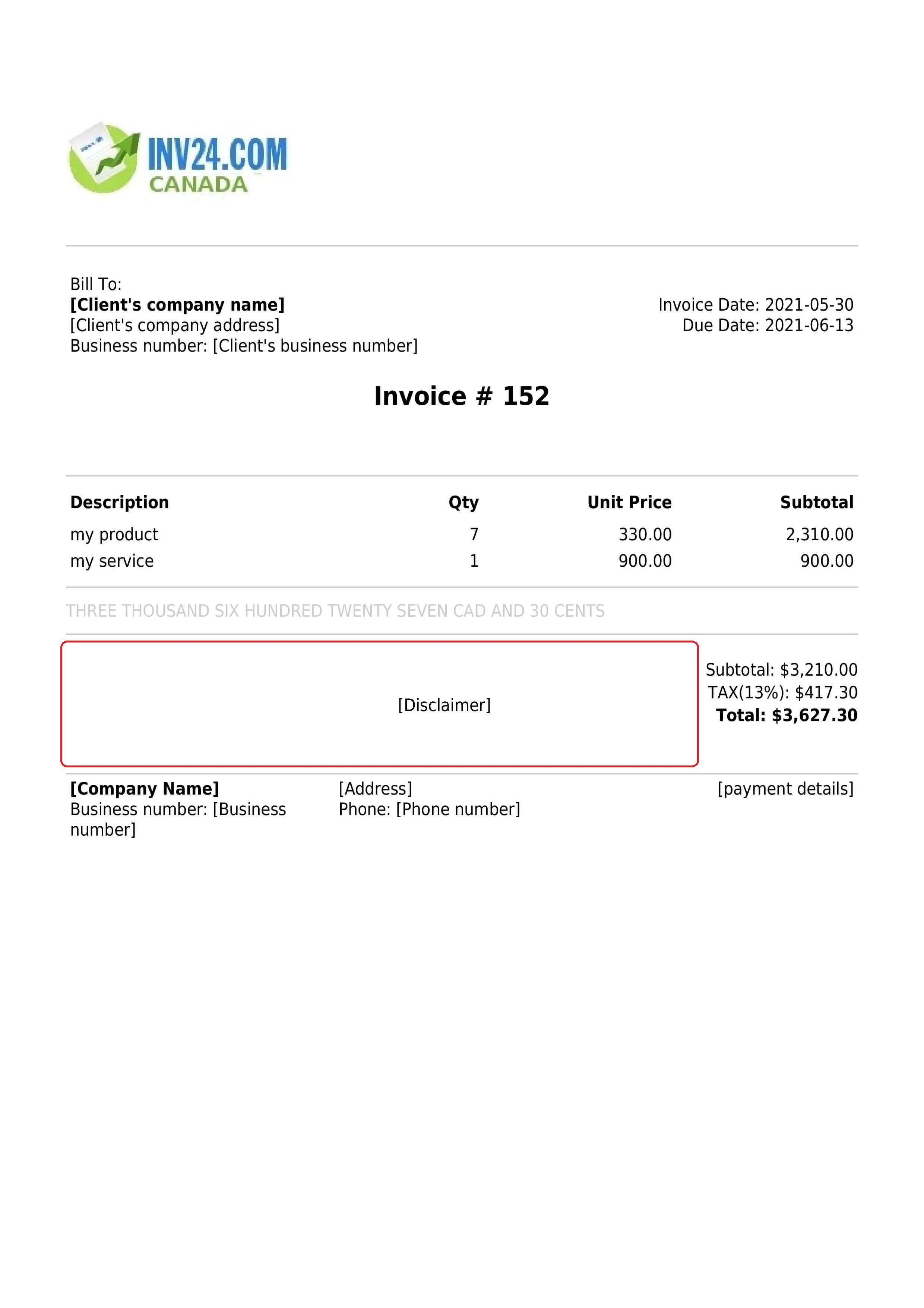 Invoice disclaimer