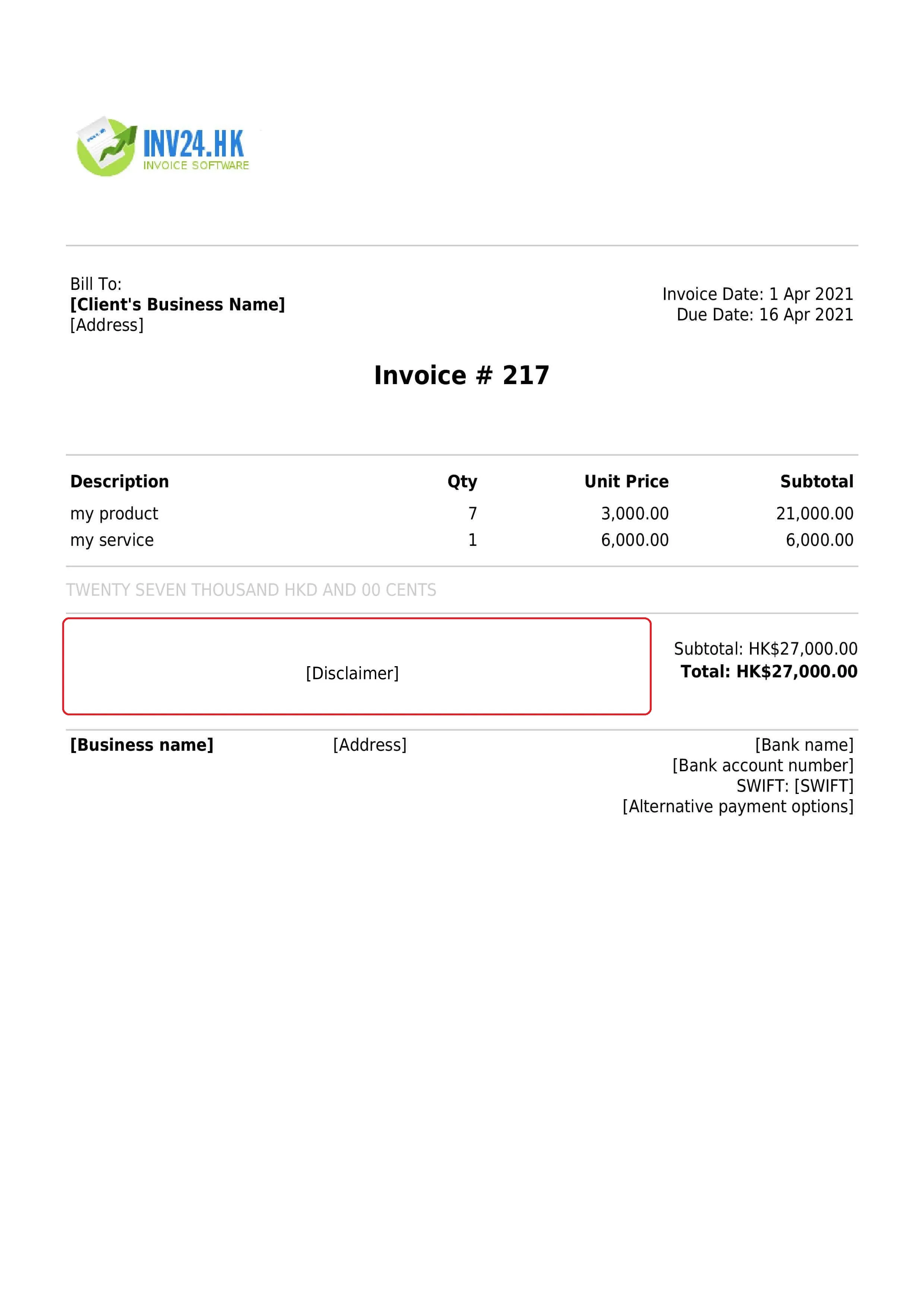 Invoice disclaimer Invoice disclaimer