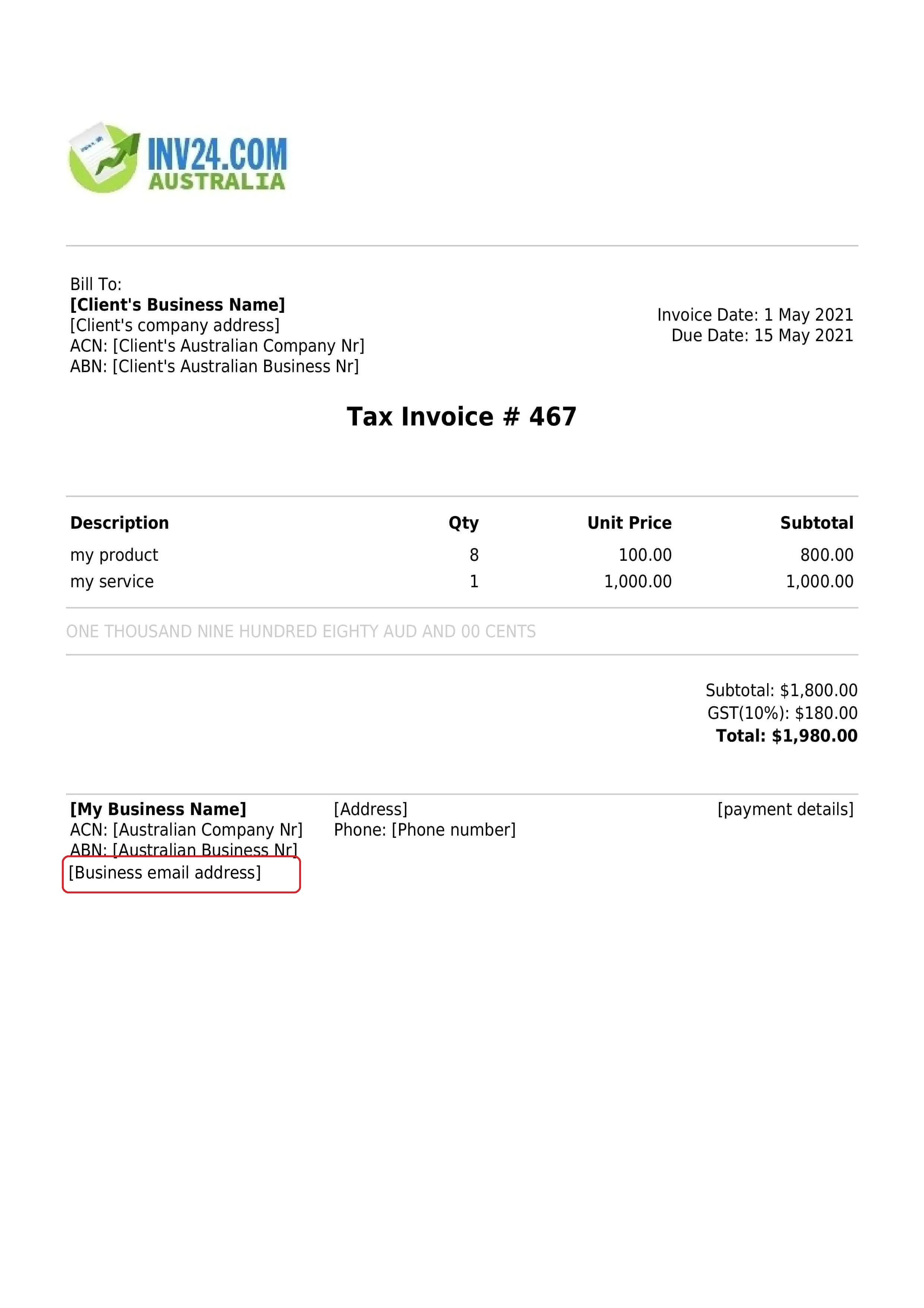 Business email address on the invoice