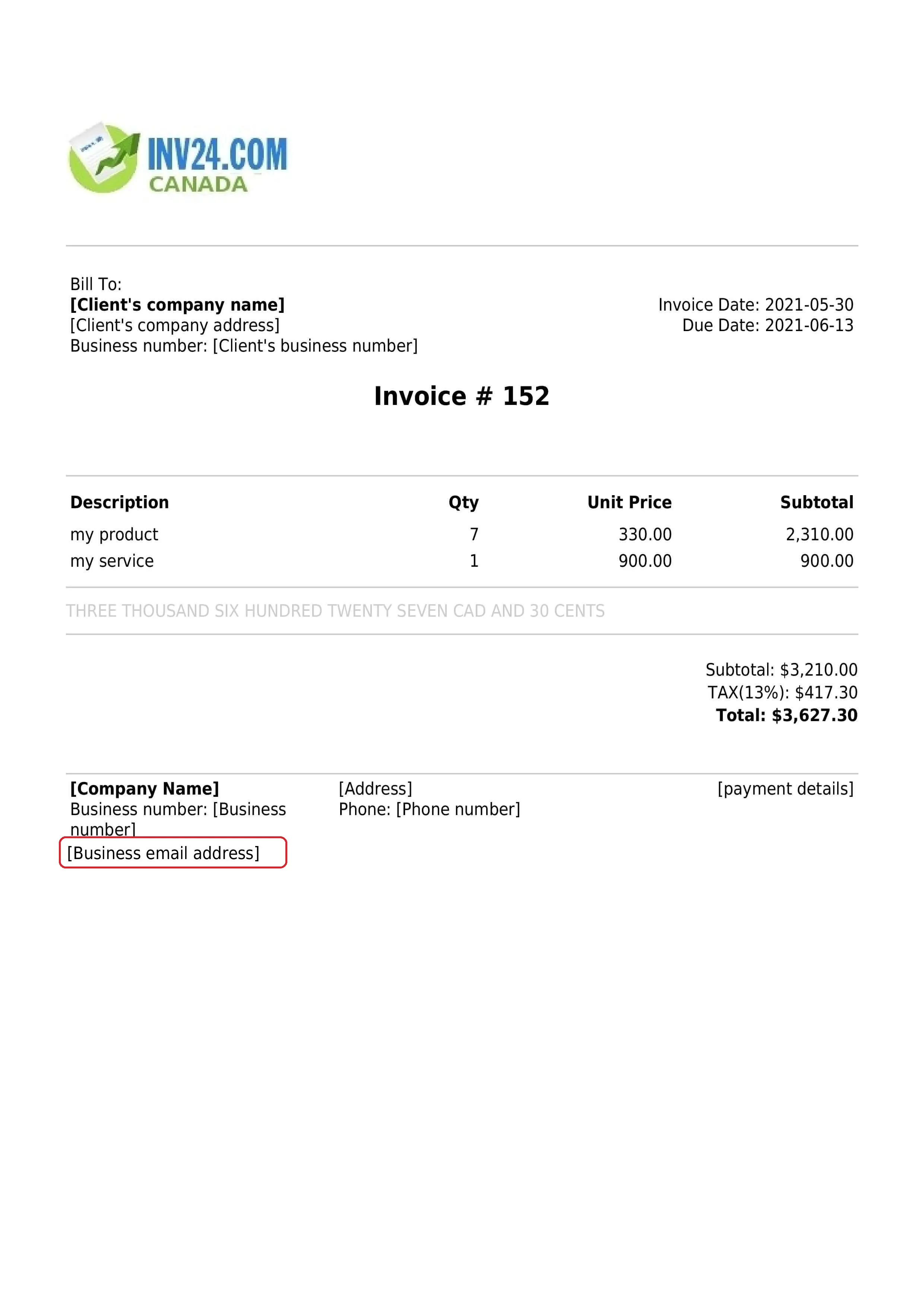 Business email address on the invoice