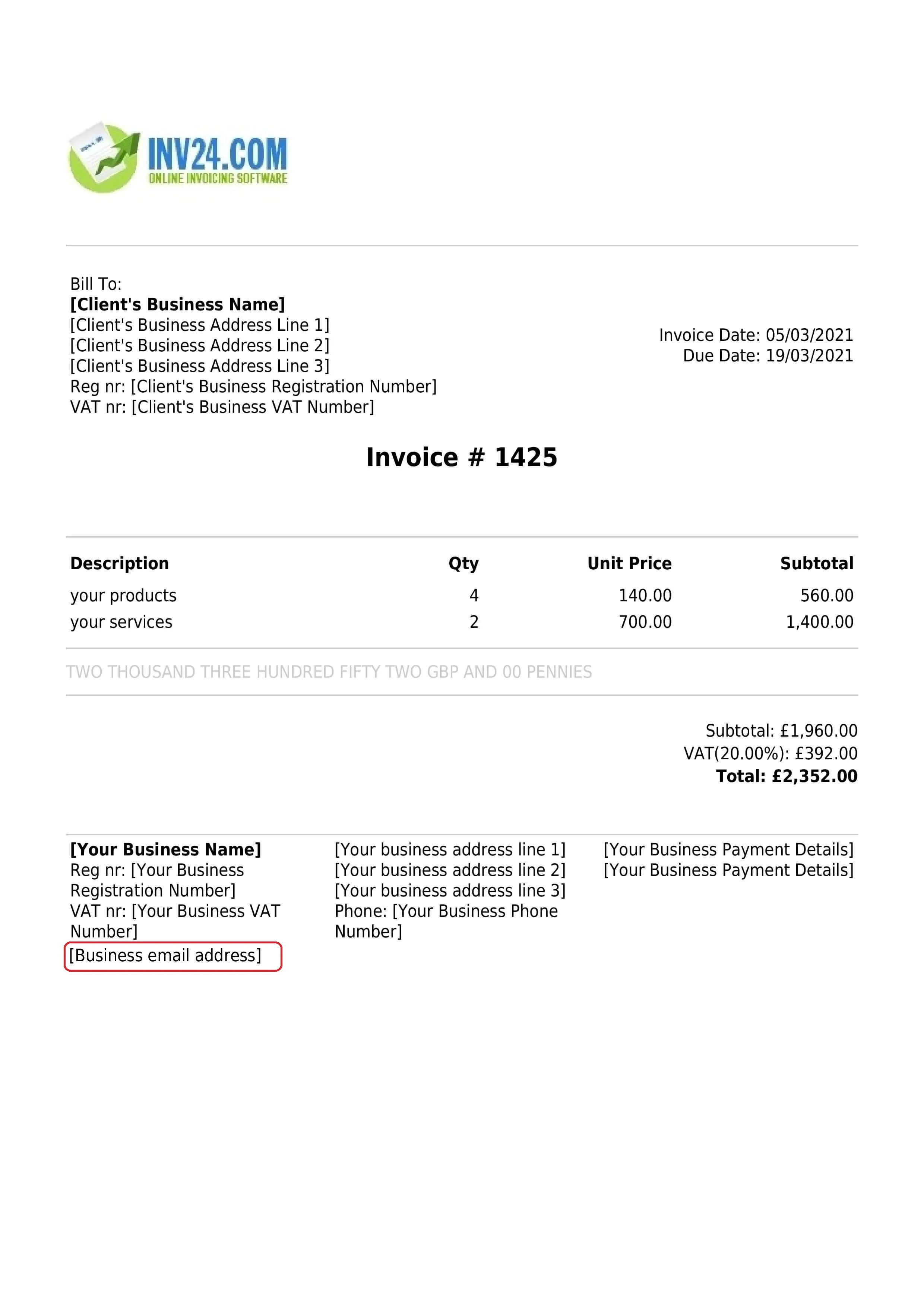 Business email address on the invoice