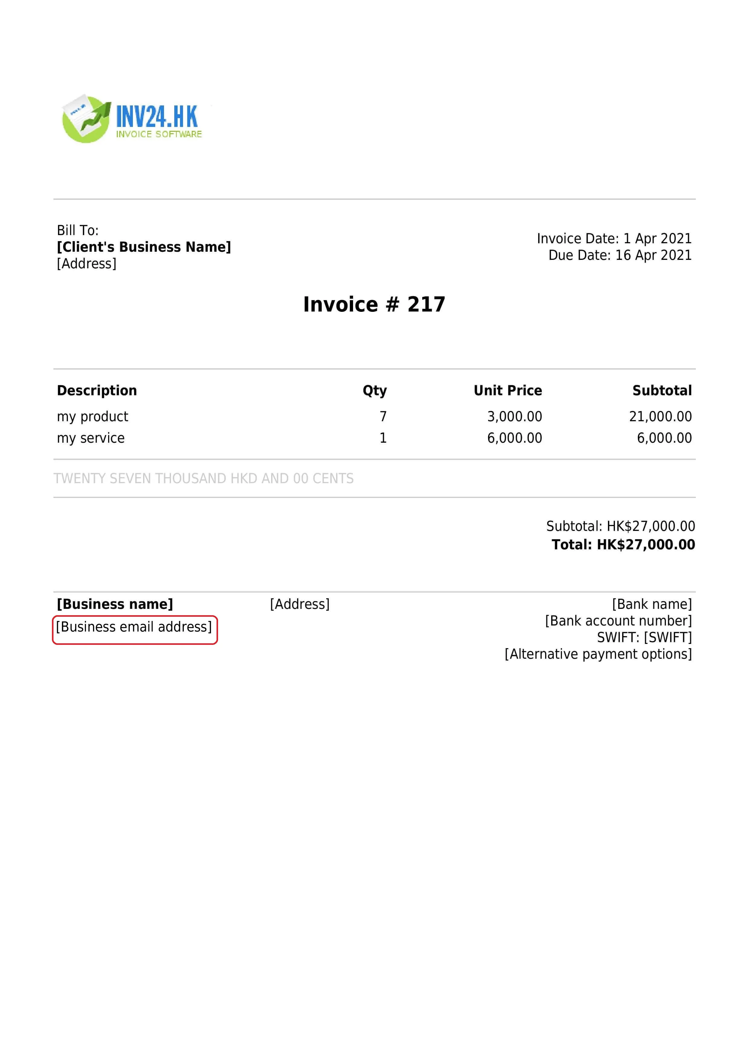 Business email address on the invoice