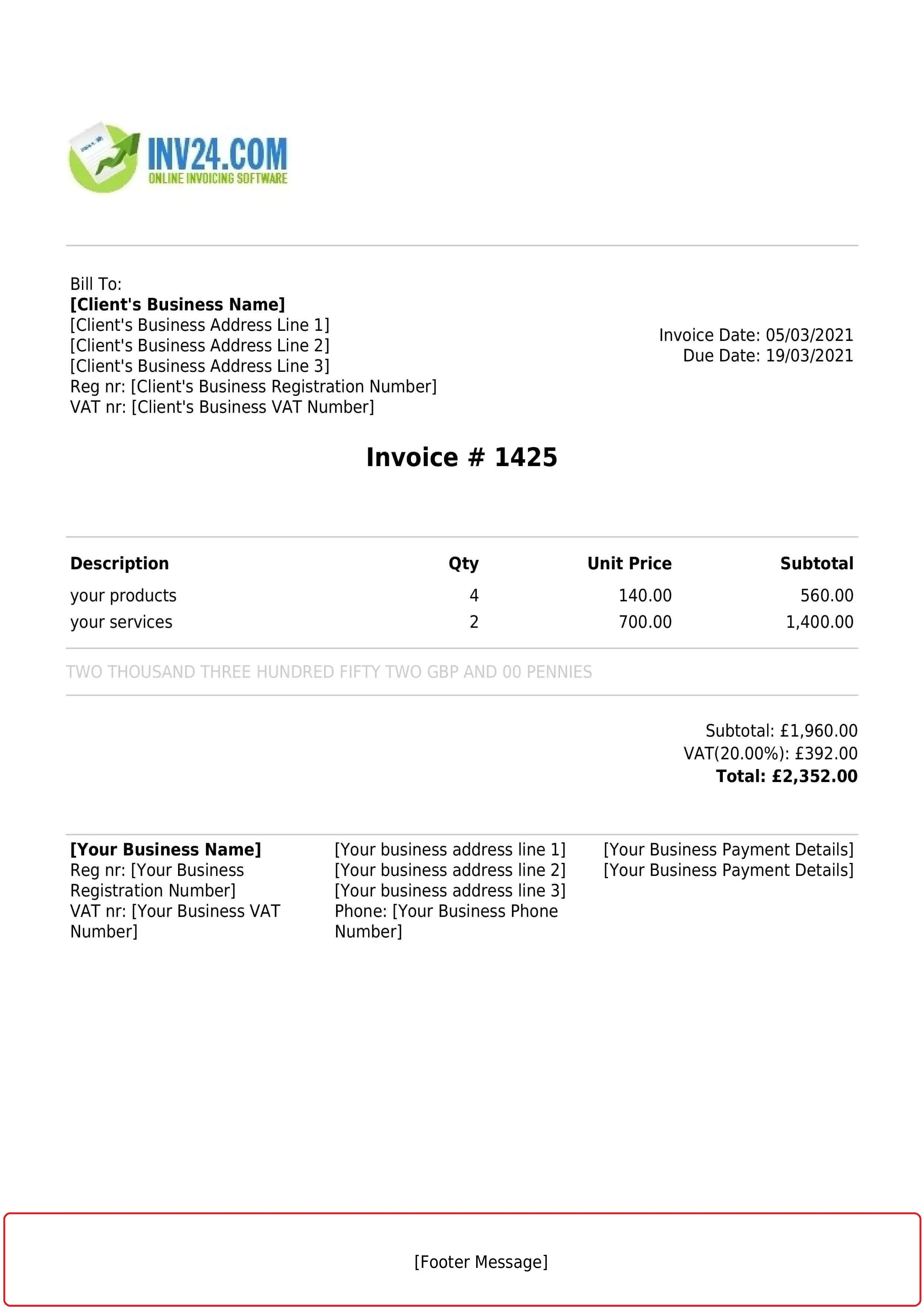 Invoice footer message Invoice footer message