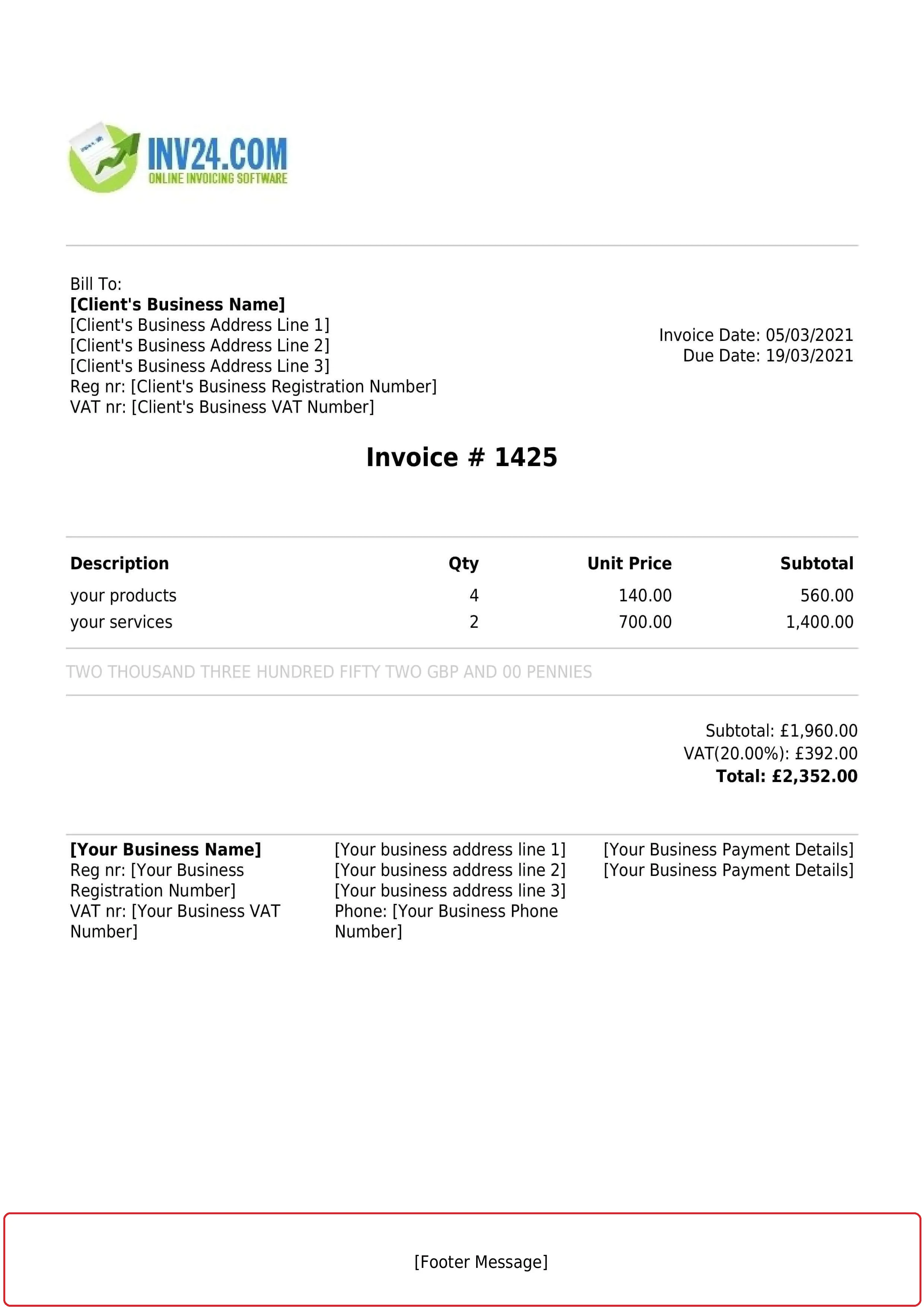 Invoice footer message