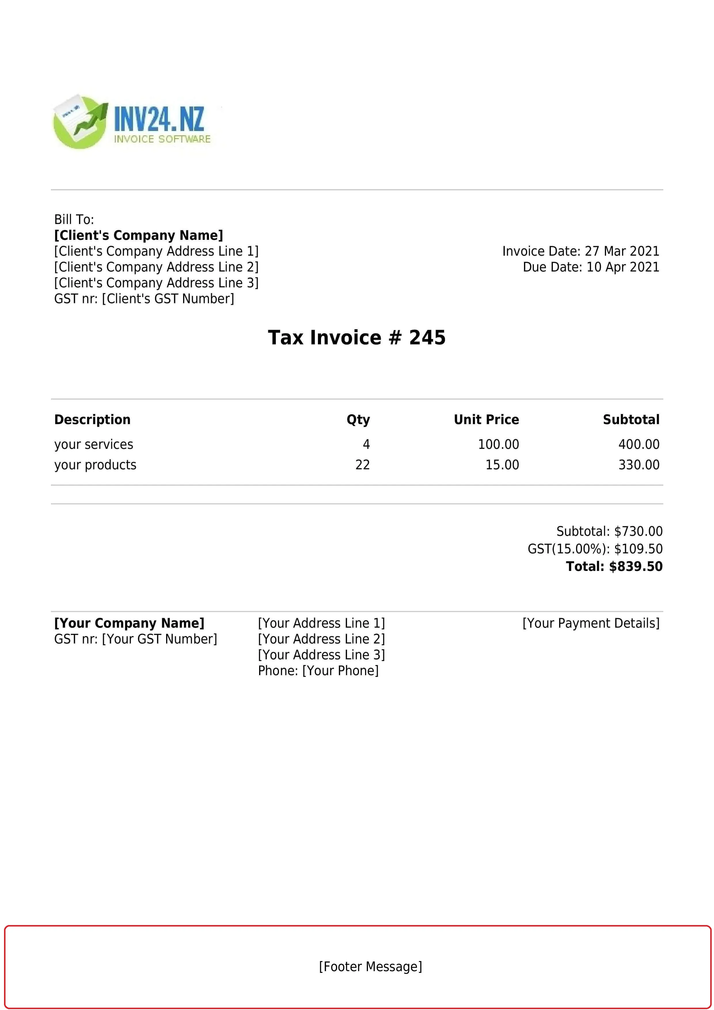 Invoice footer message