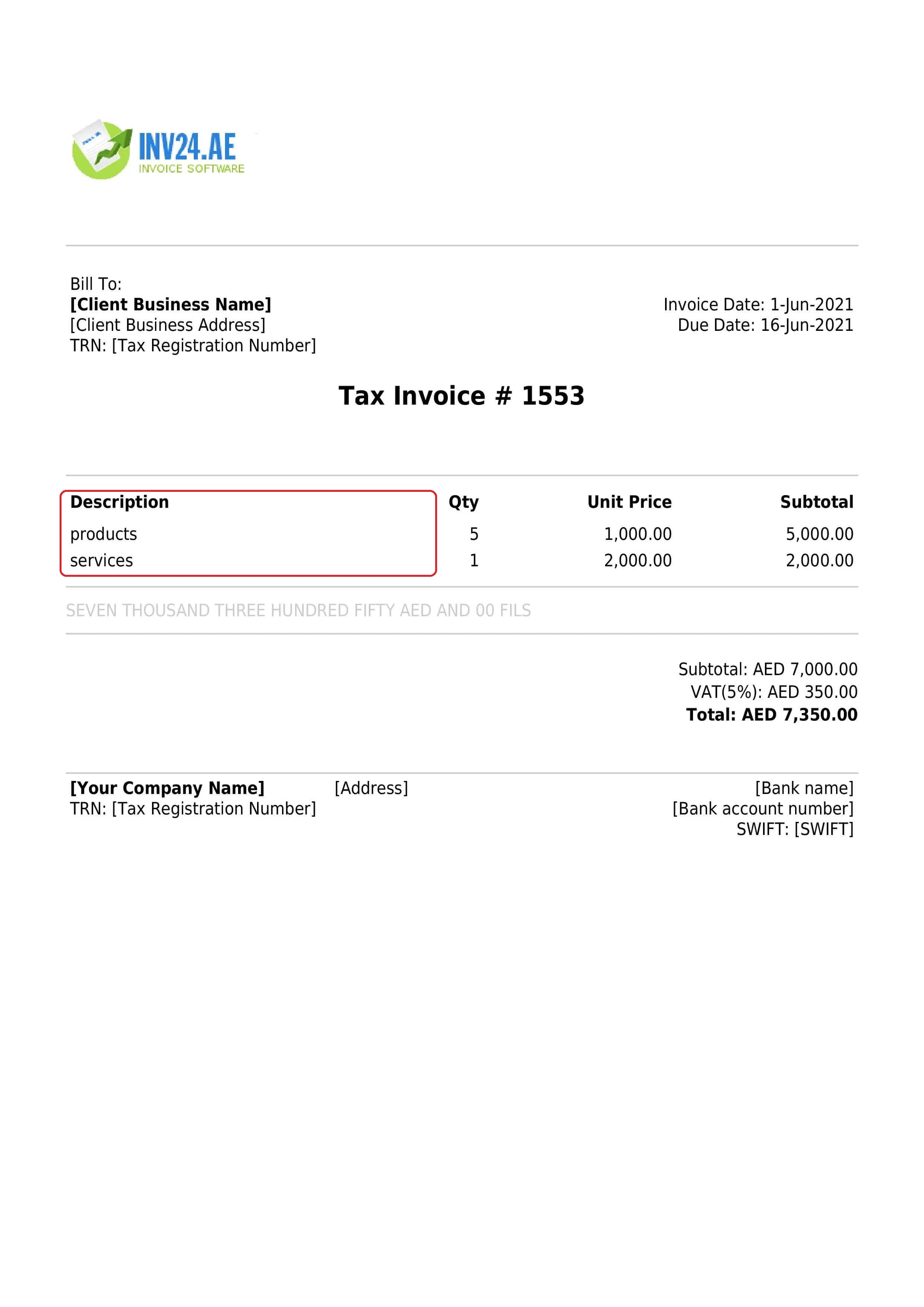 invoice item description invoice item description