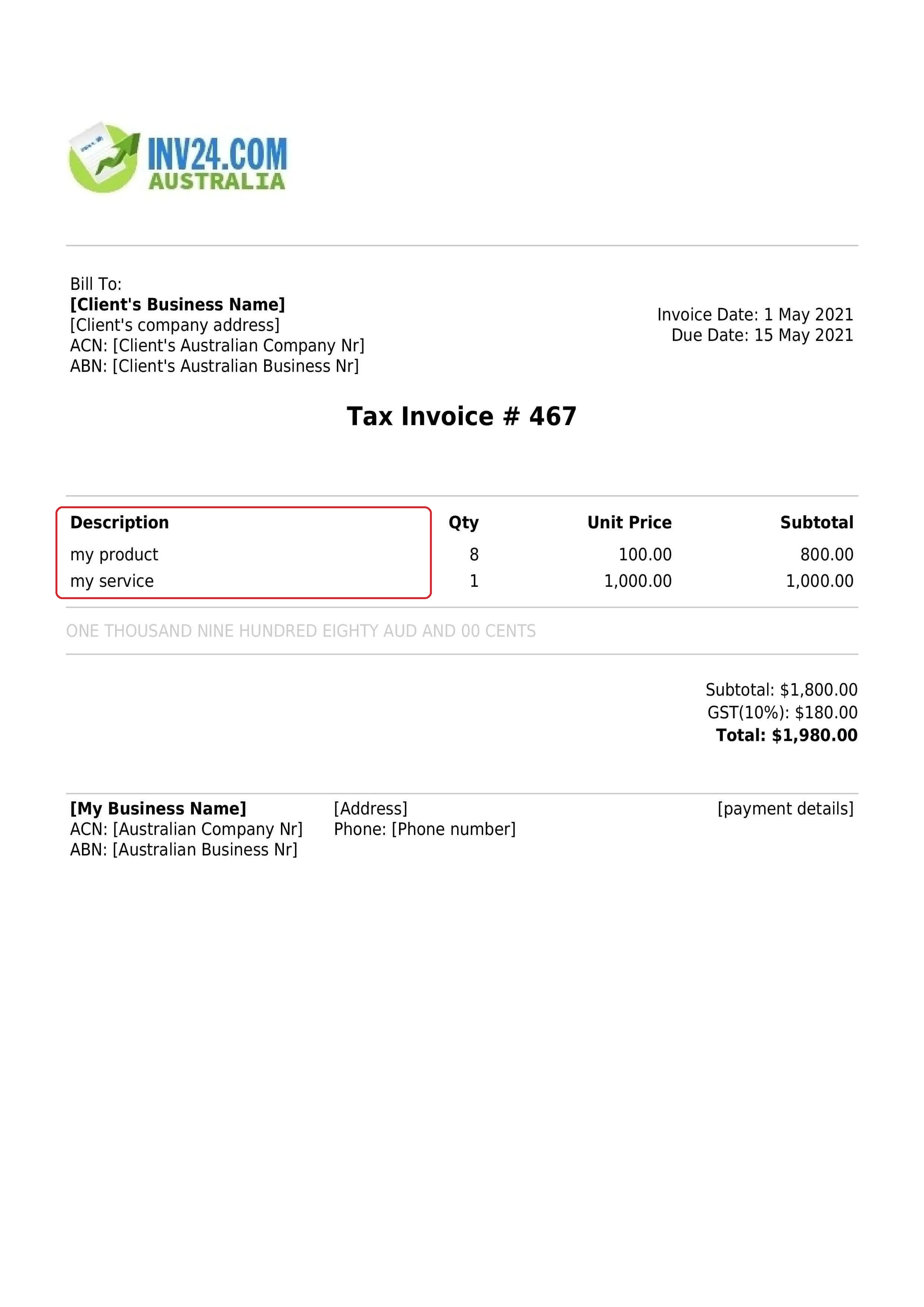 invoice item description