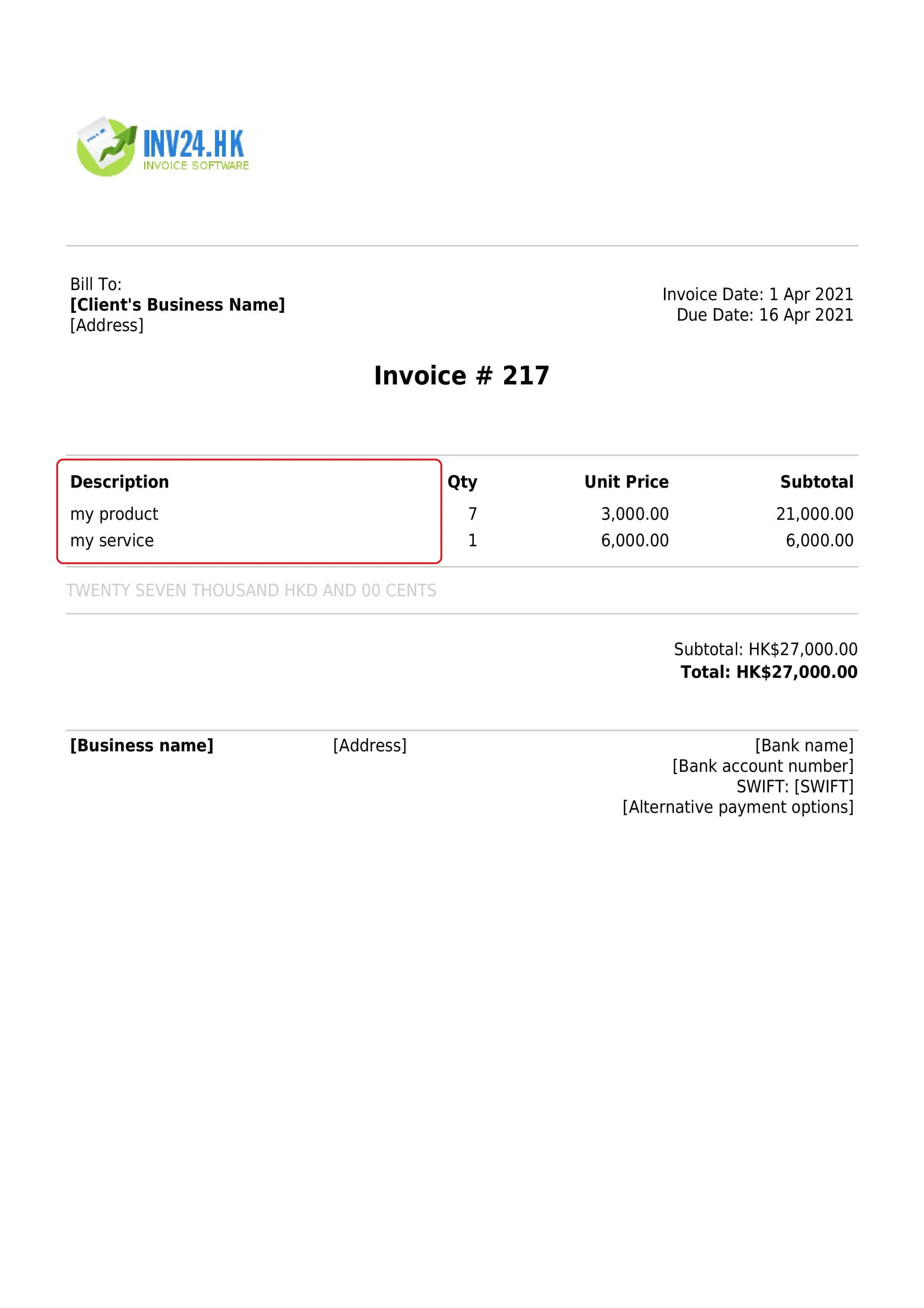 invoice item description invoice item description