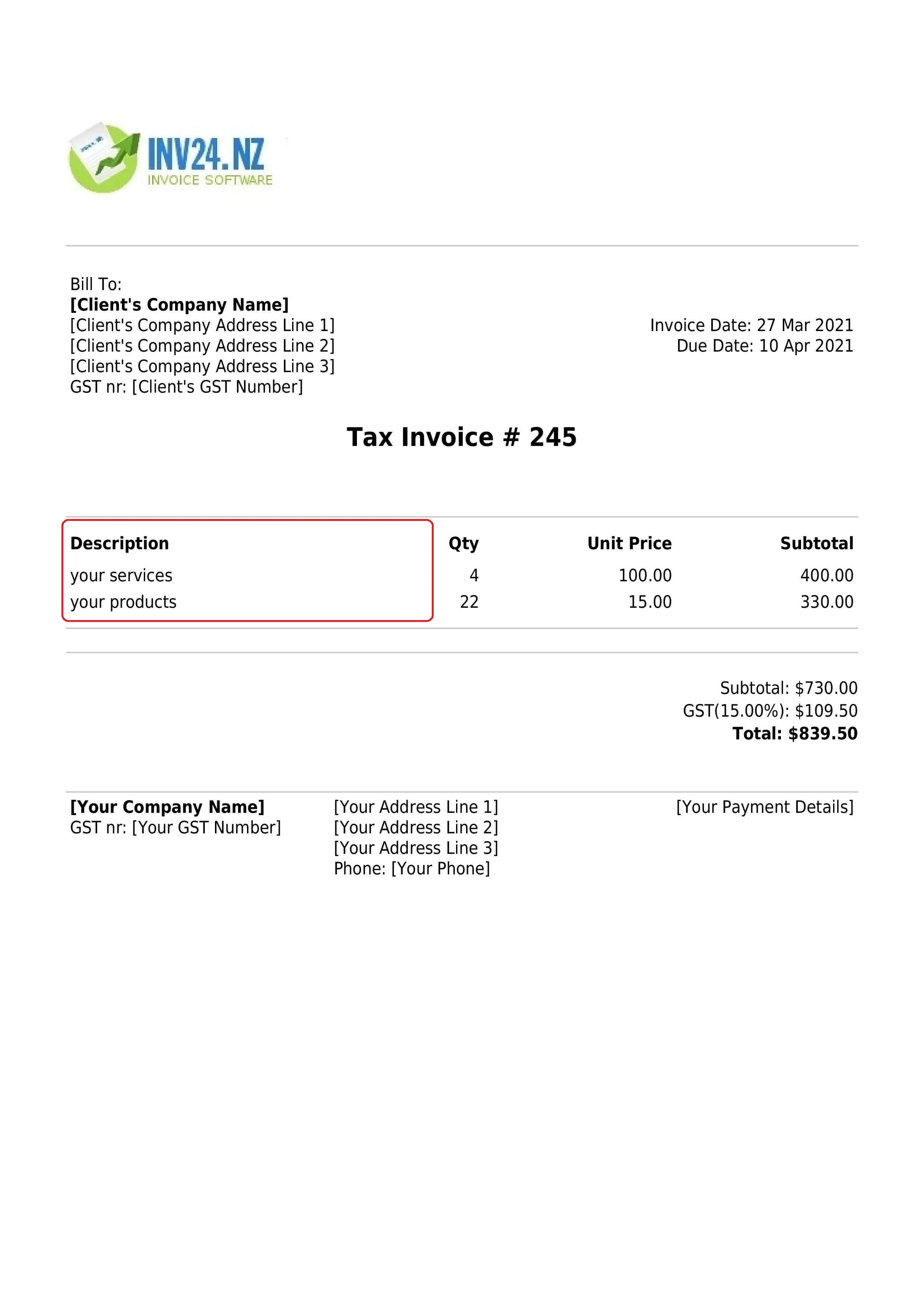 invoice item description invoice item description