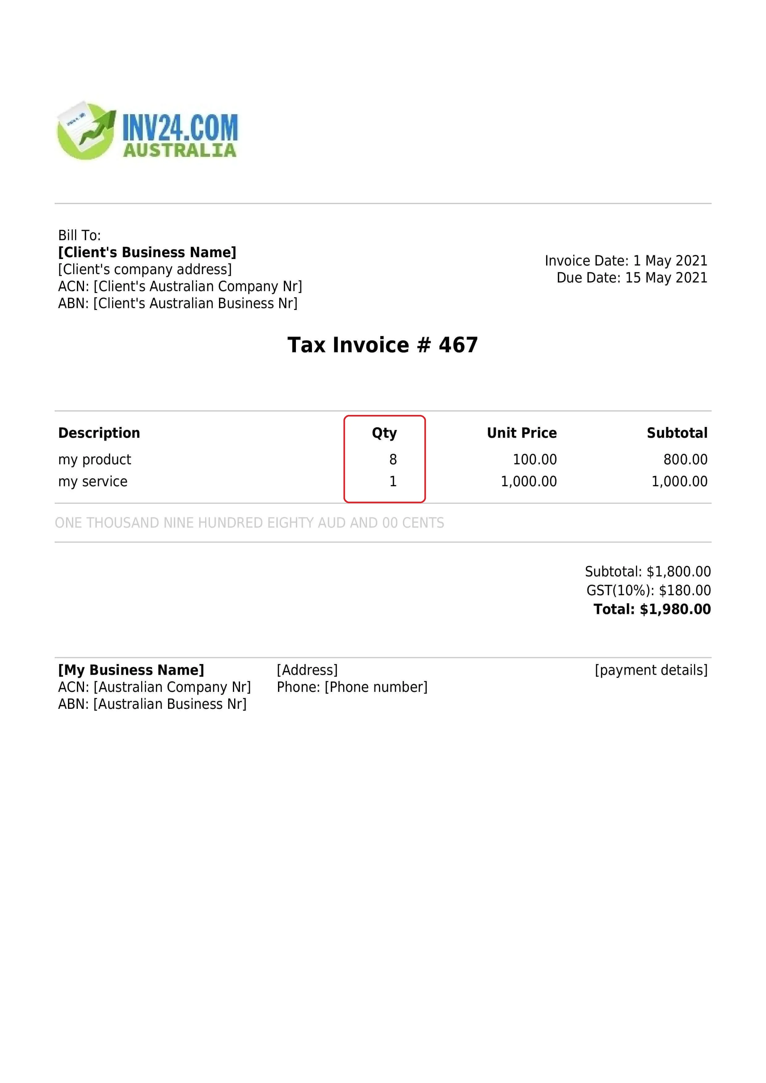 invoice item quantity