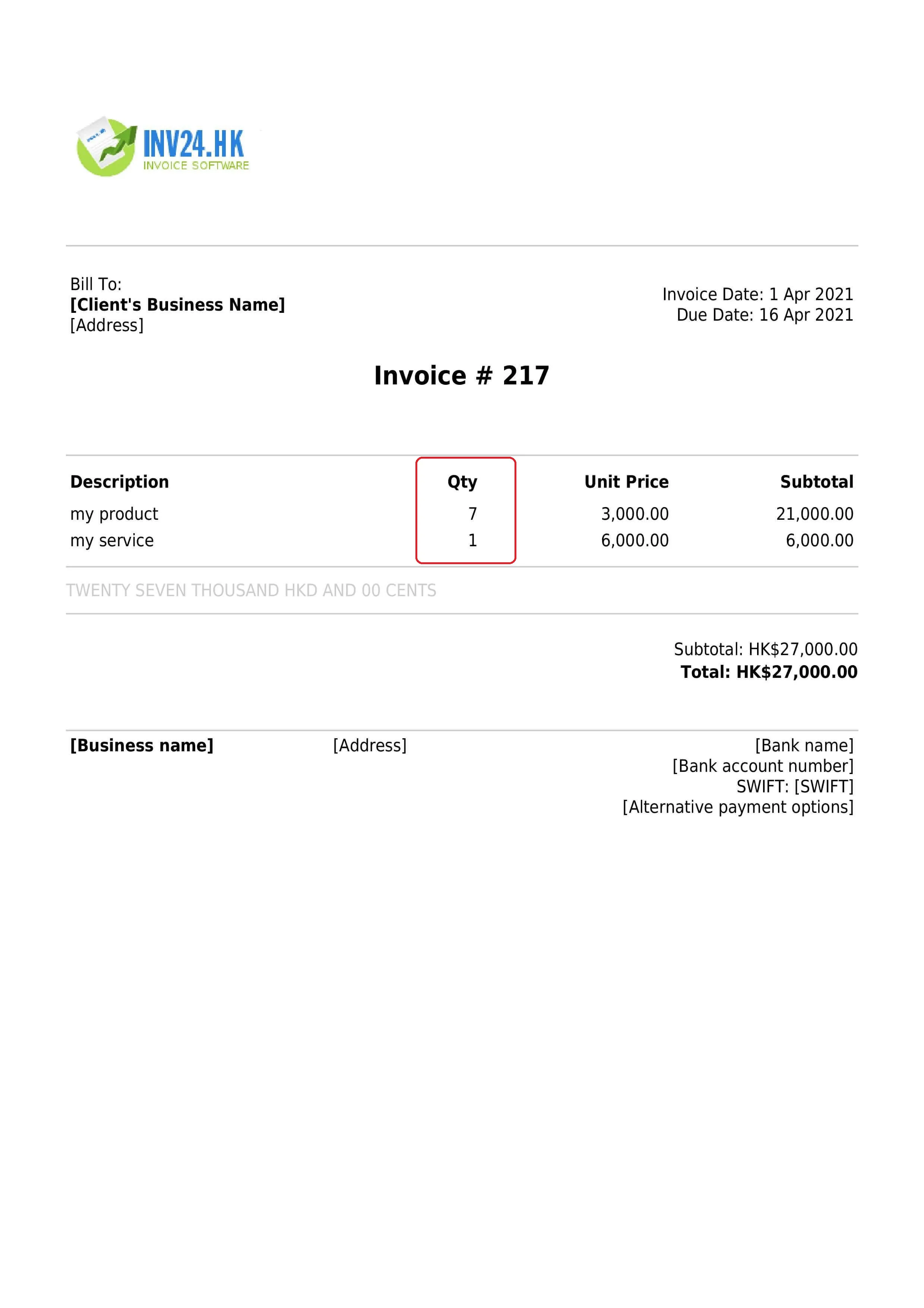 invoice item quantity