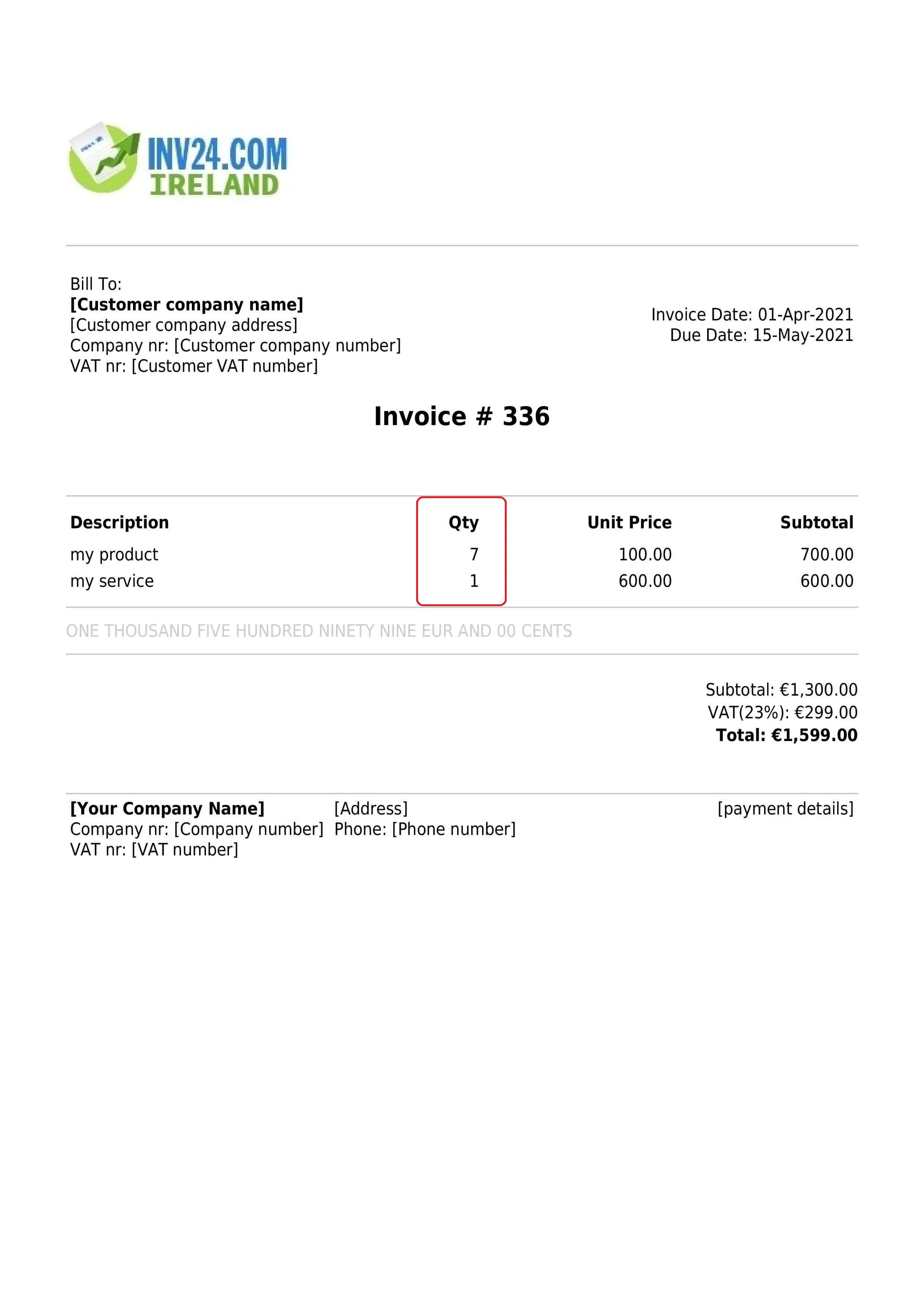 invoice item quantity