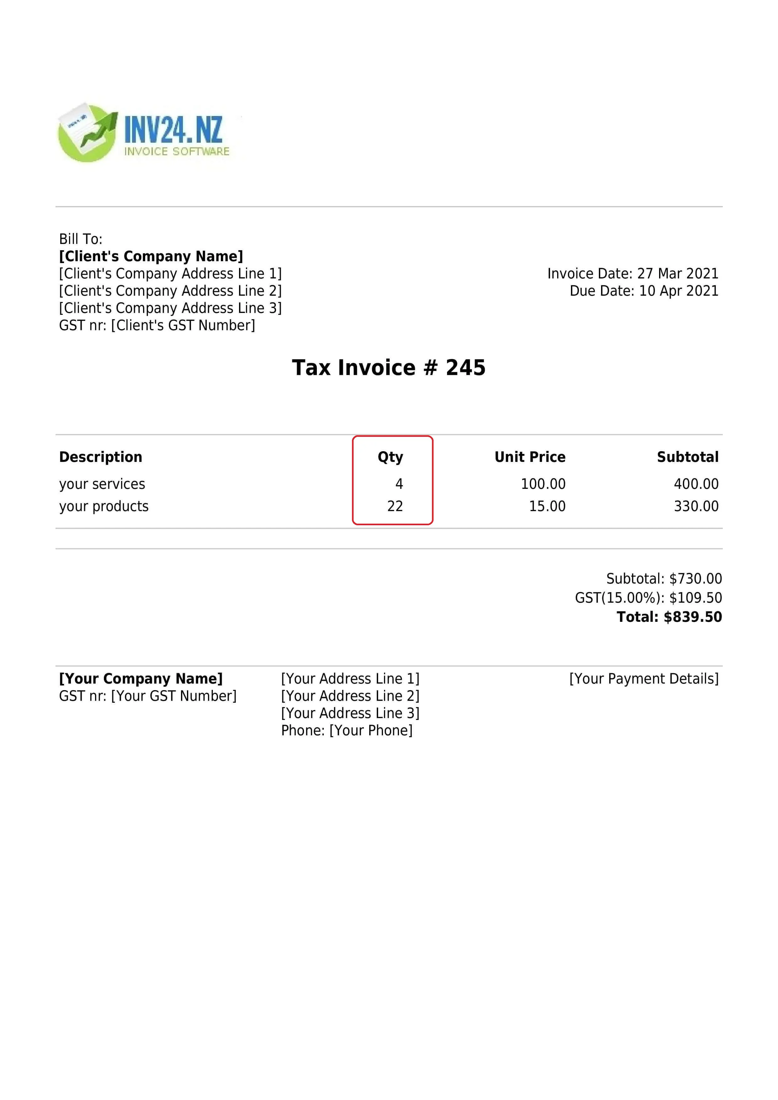 invoice item quantity