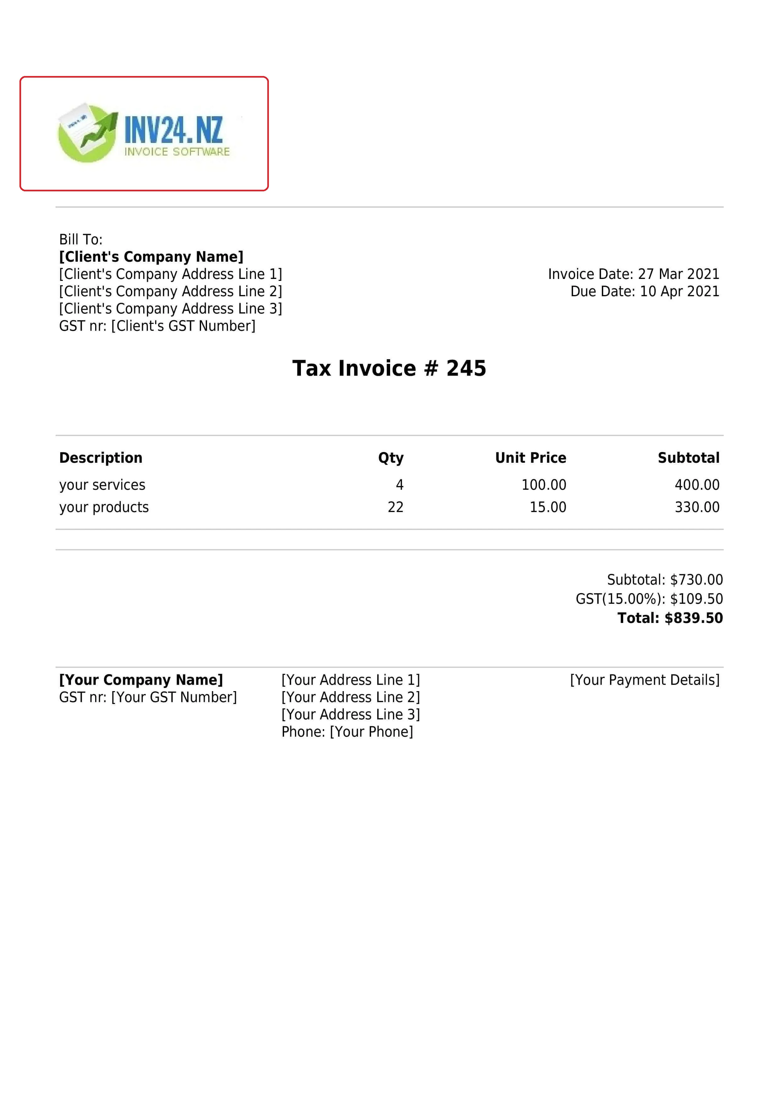 branded invoice with logo