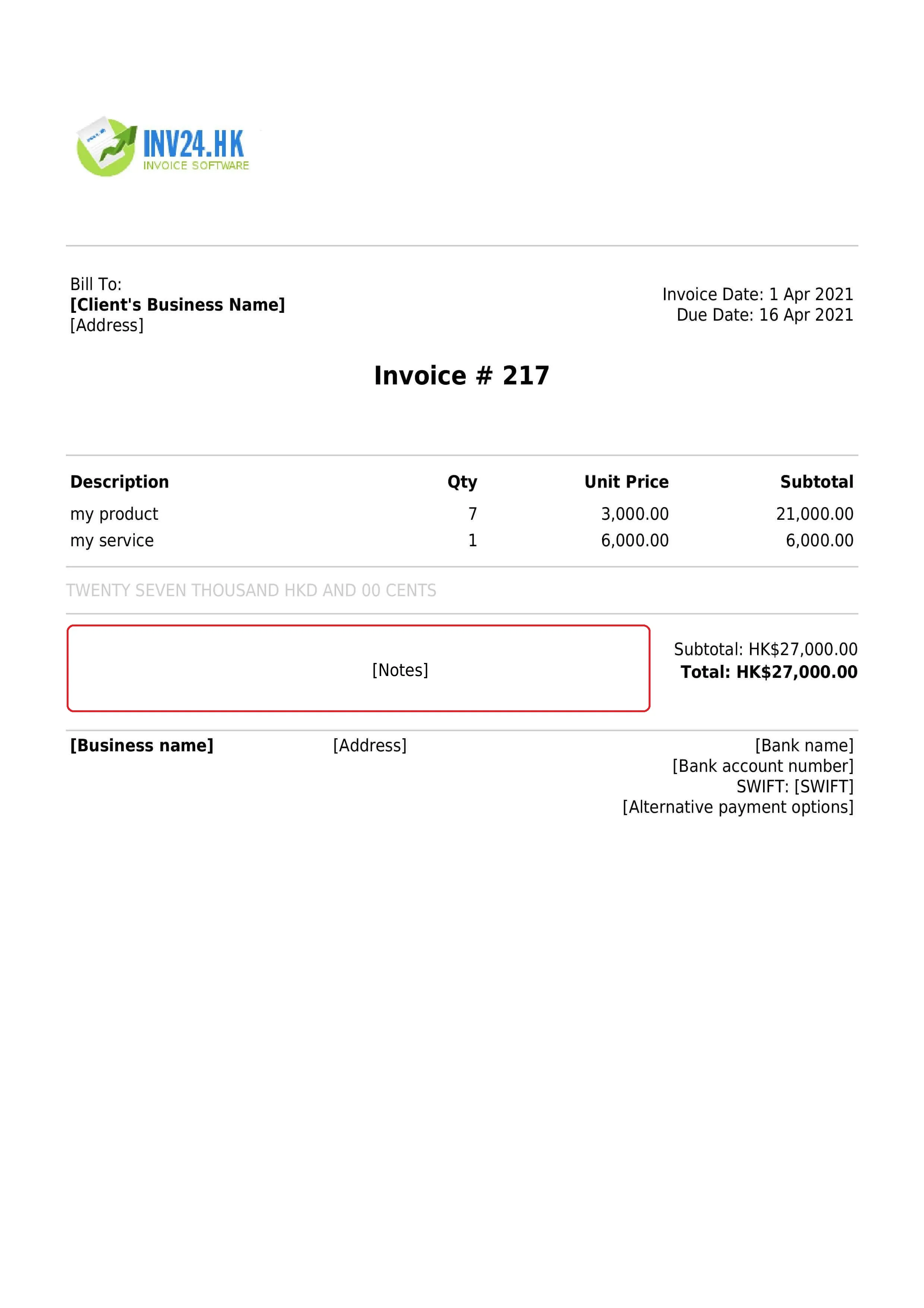 Invoice notes Invoice notes