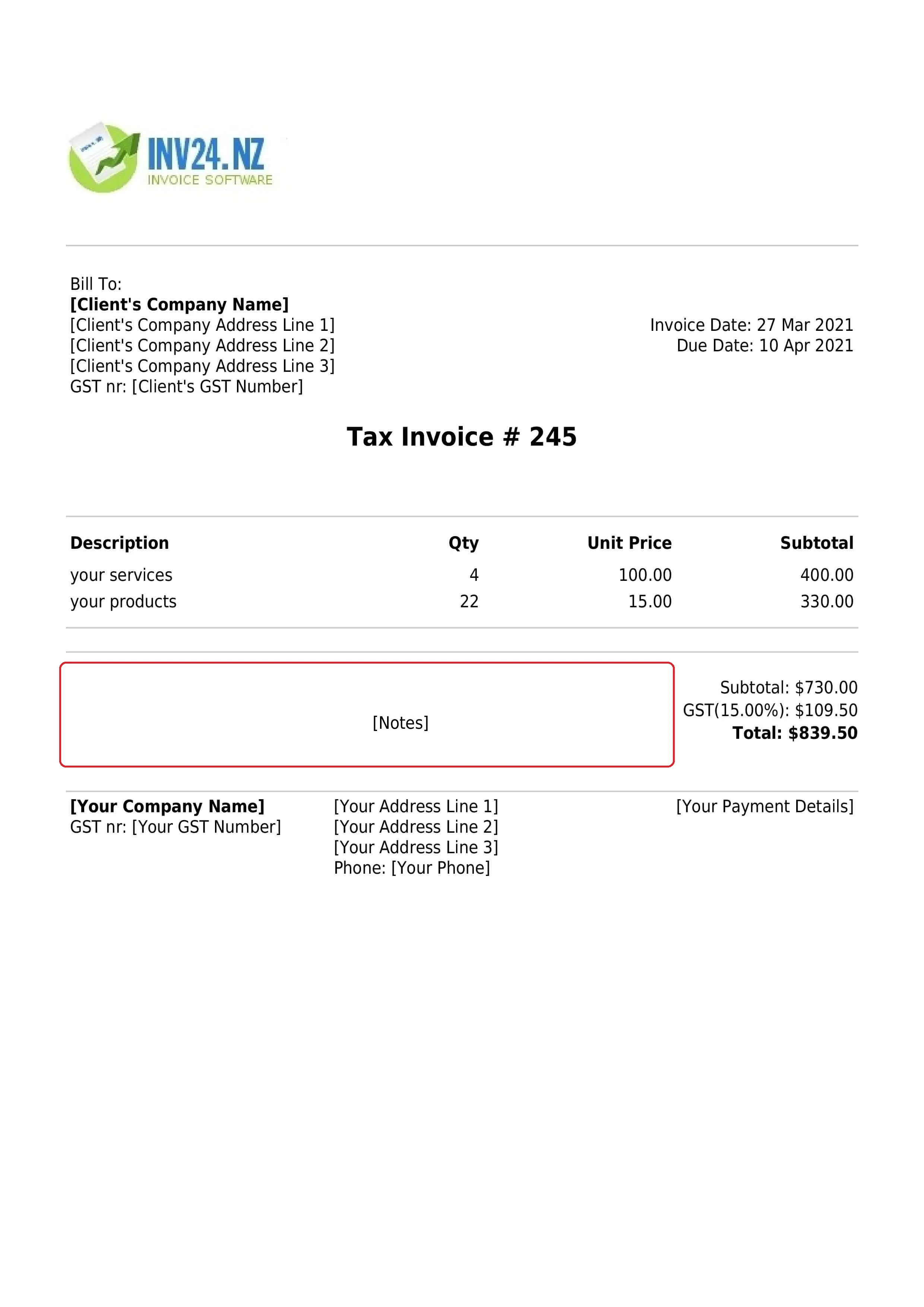 Invoice notes Invoice notes