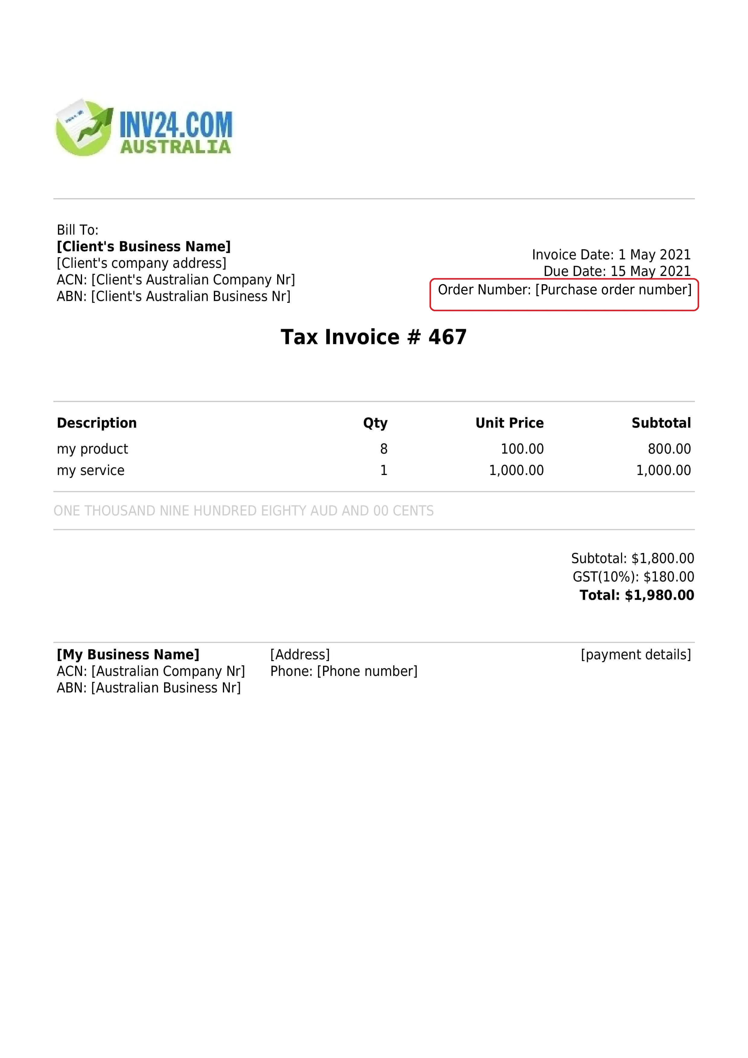 Order number on the invoice