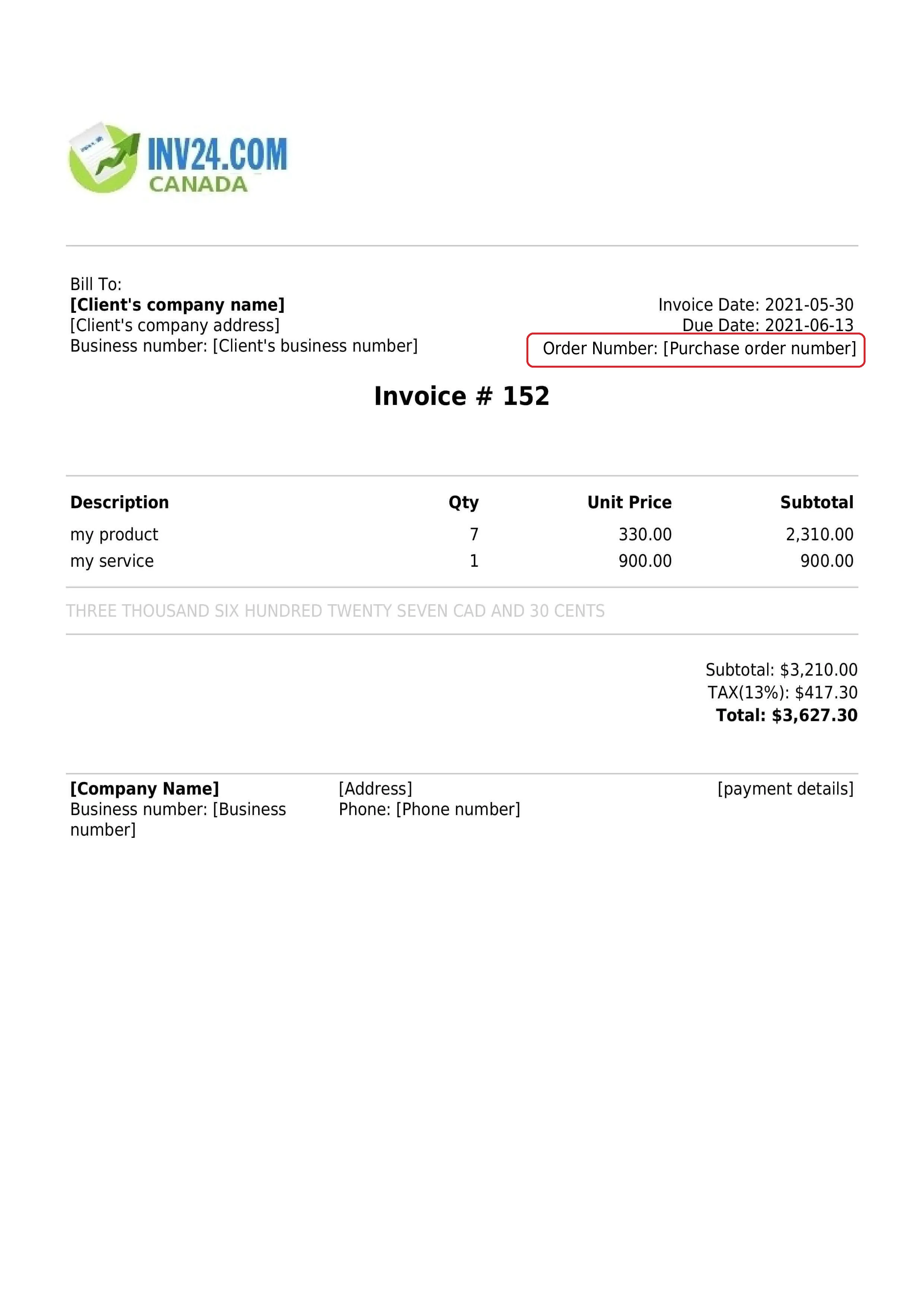 Order number on the invoice