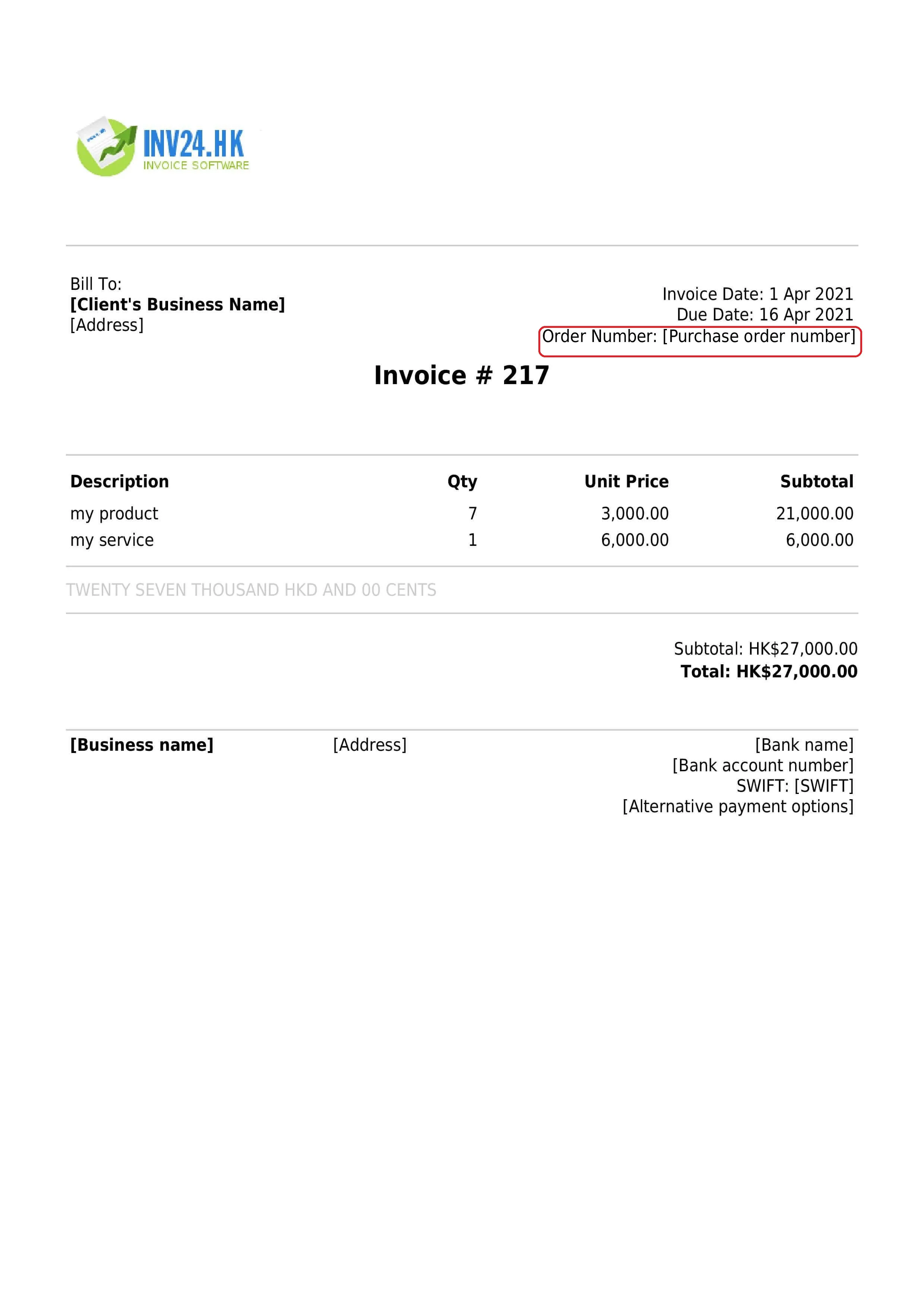 Order number on the invoice Order number on the invoice