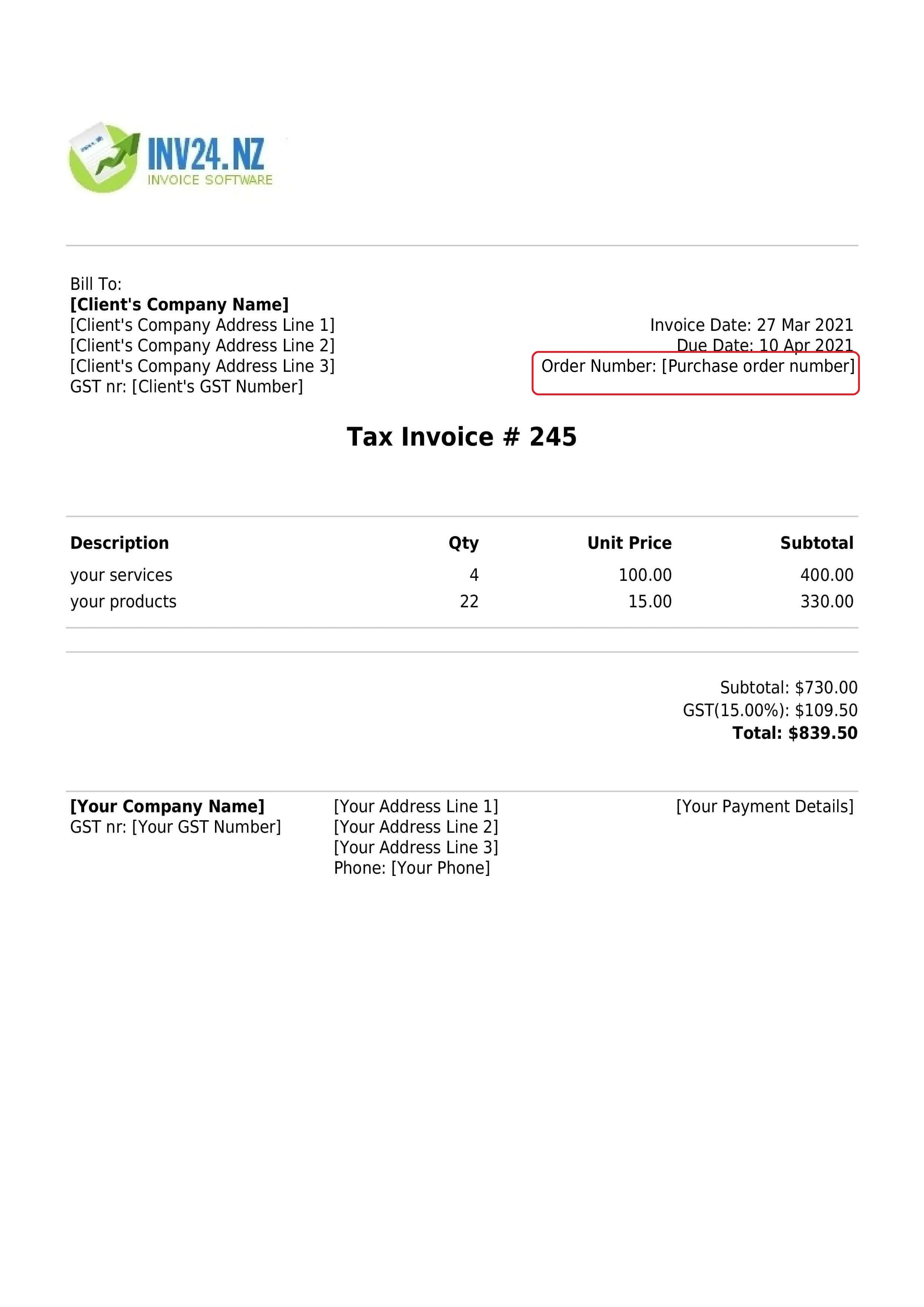 Order number on the invoice
