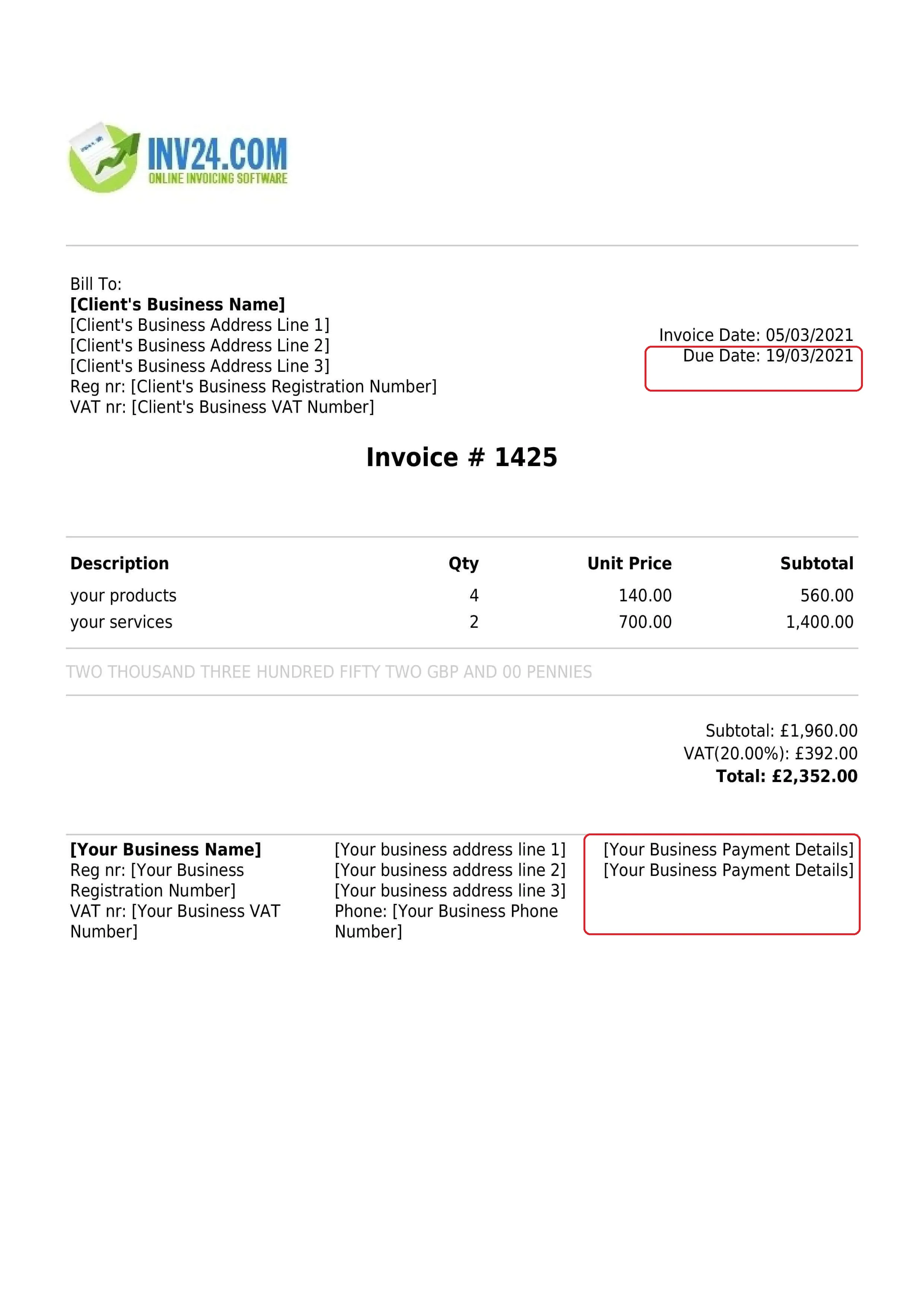 invoice payment terms / payment details