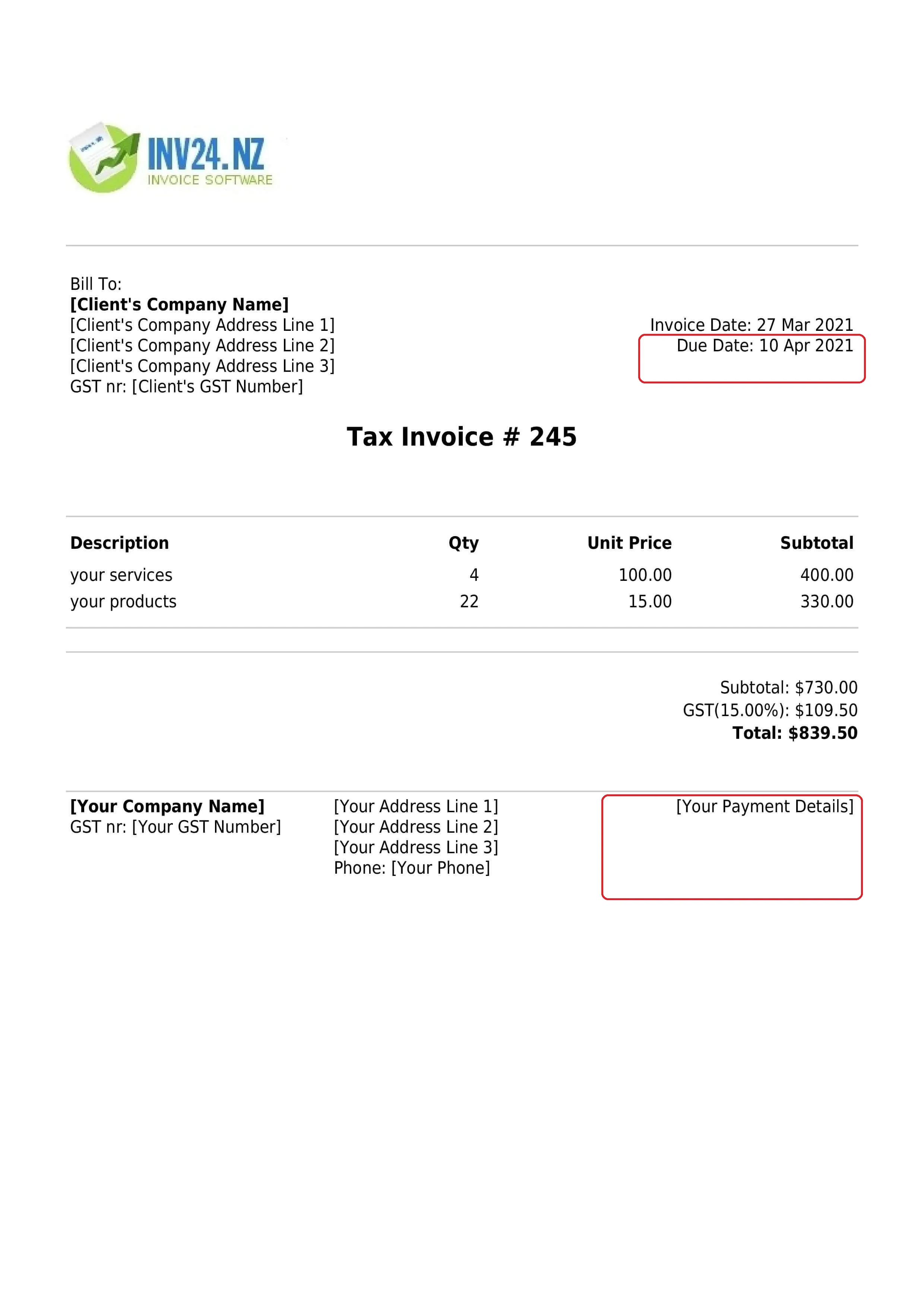 invoice payment terms / payment details