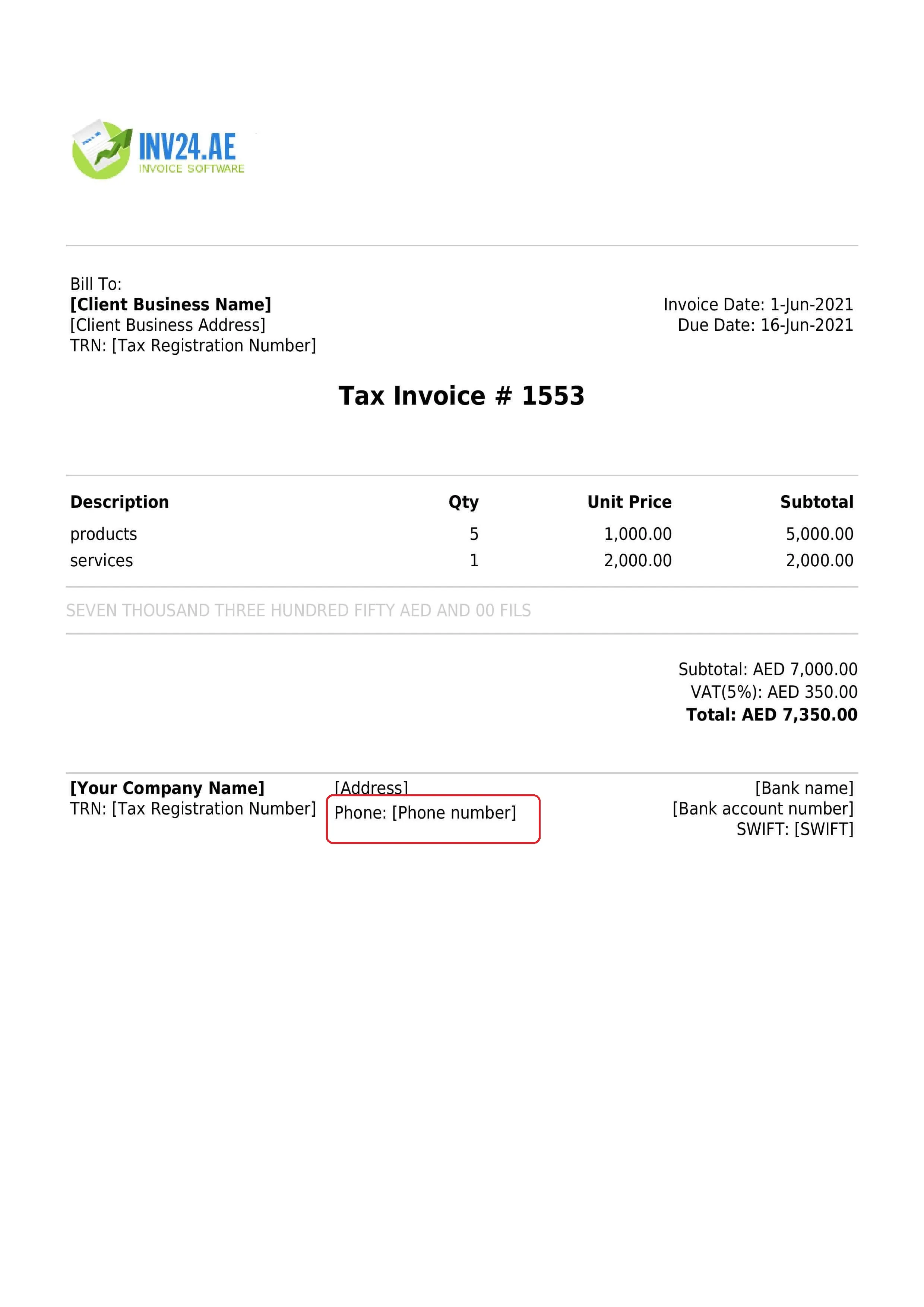 invoice seller's business phone number