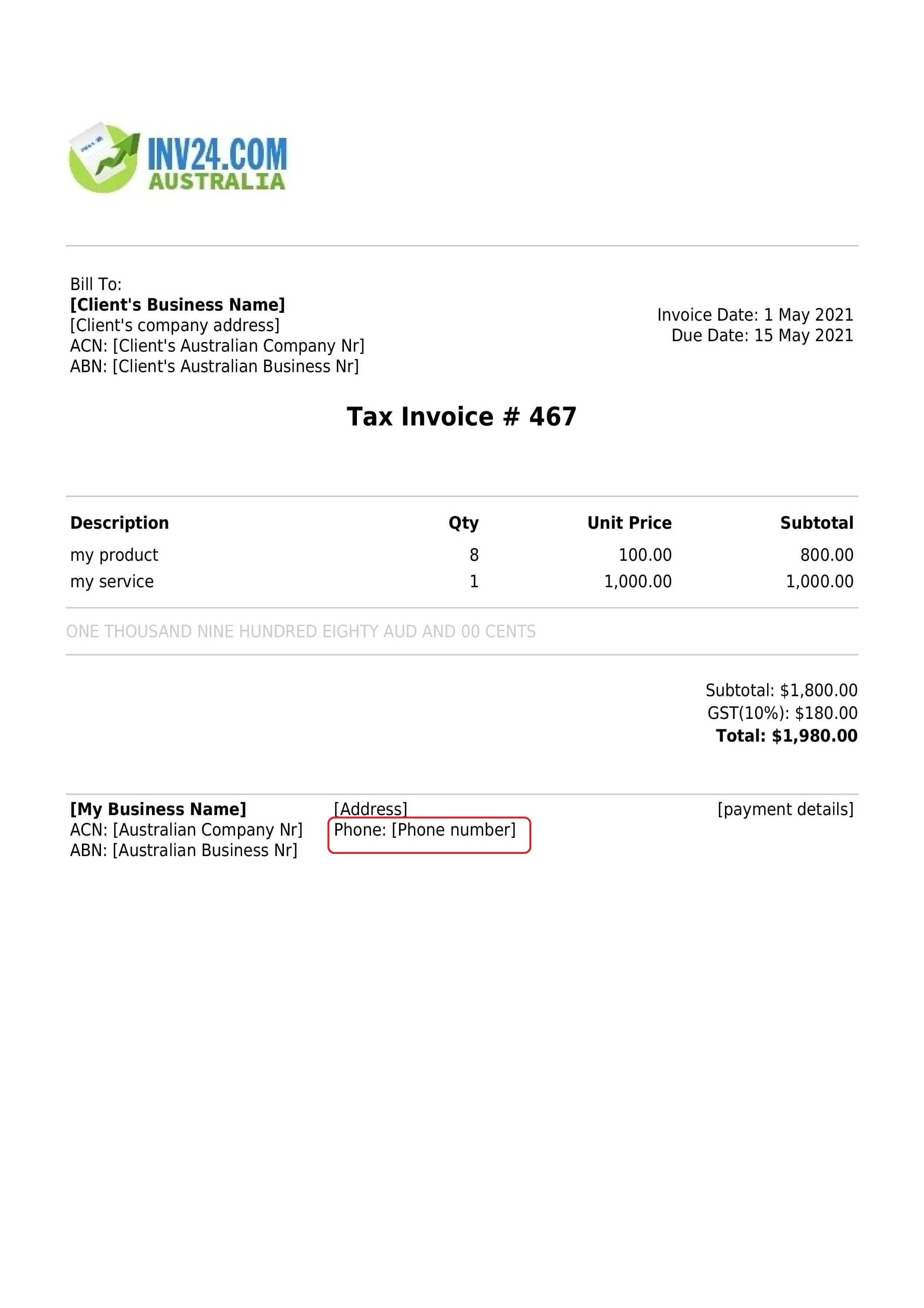 invoice seller's business phone number