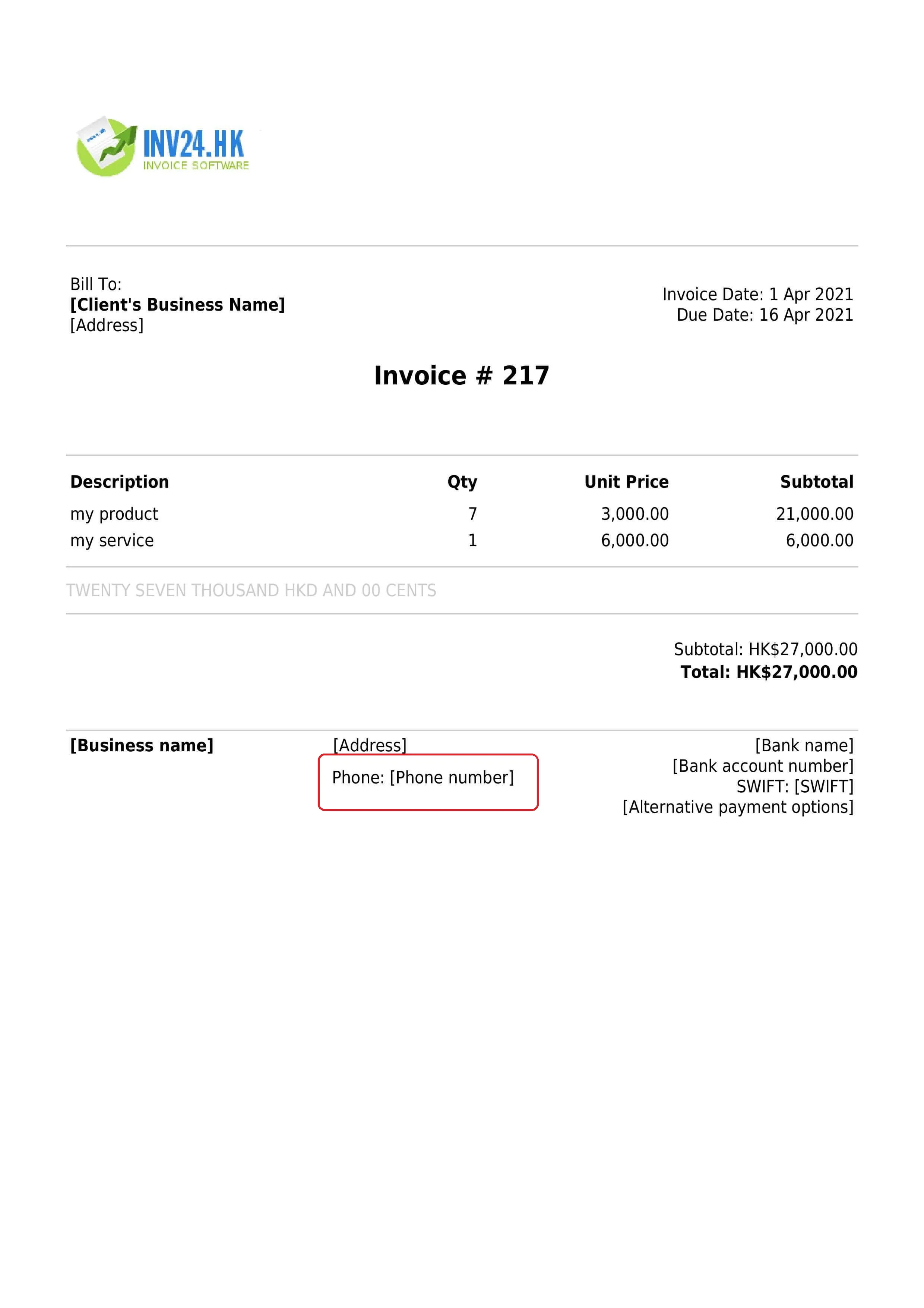 invoice seller's business phone number