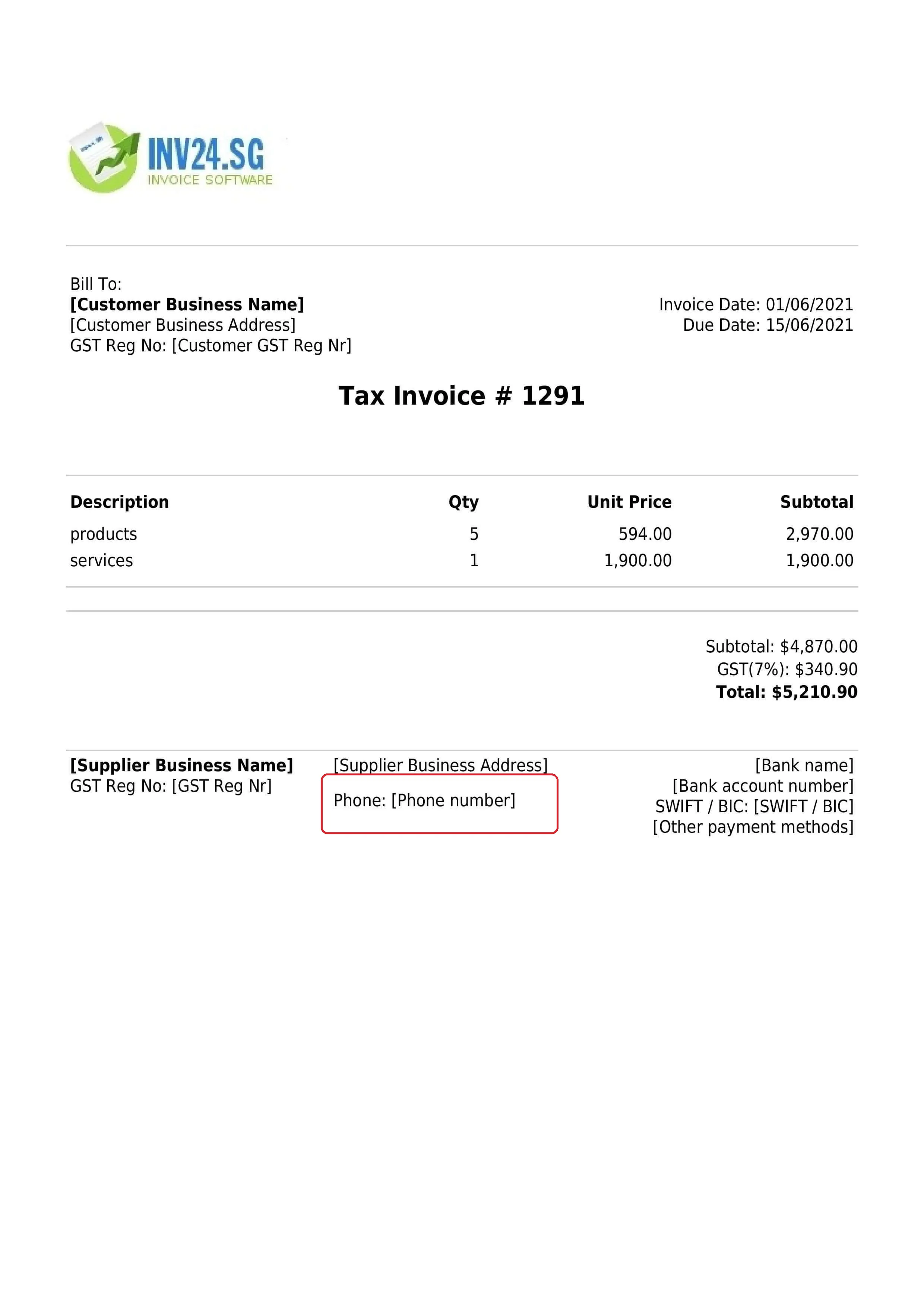 invoice seller's business phone number