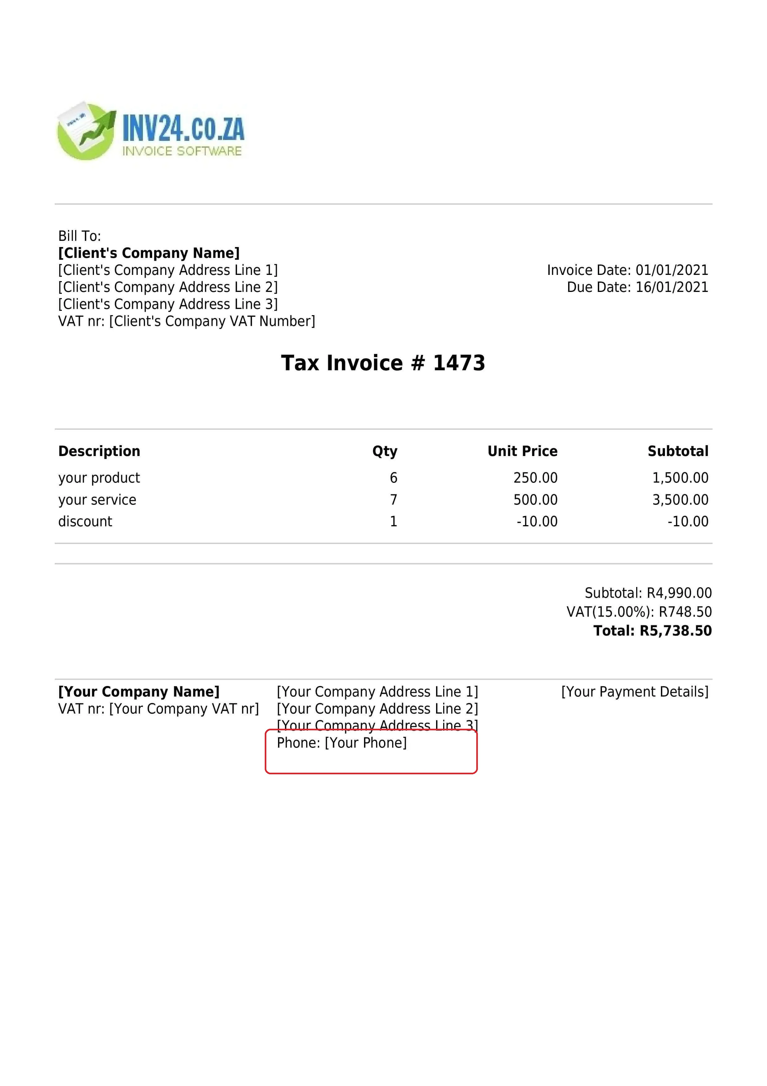 invoice seller's business phone number