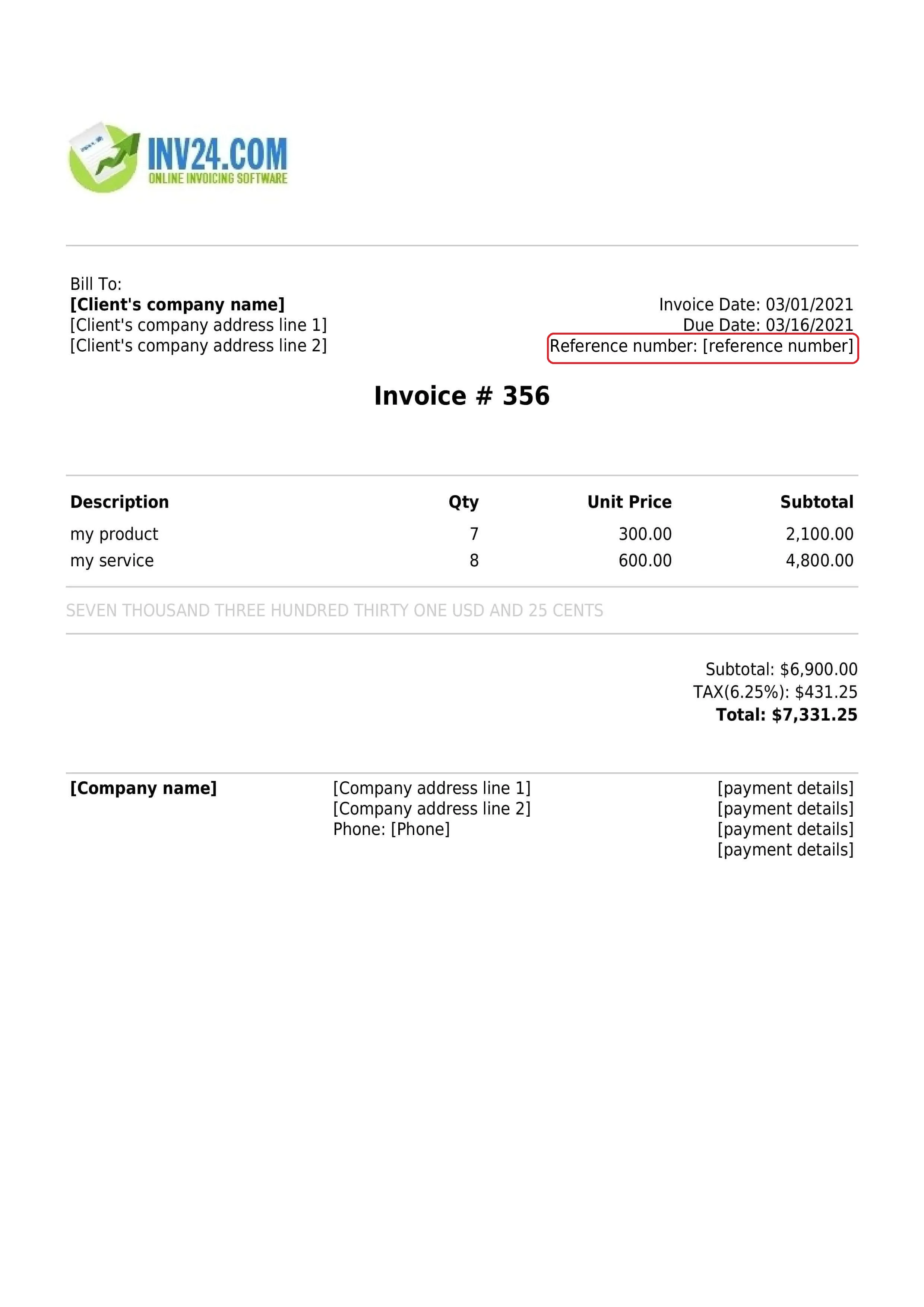 payment reference number on the invoice