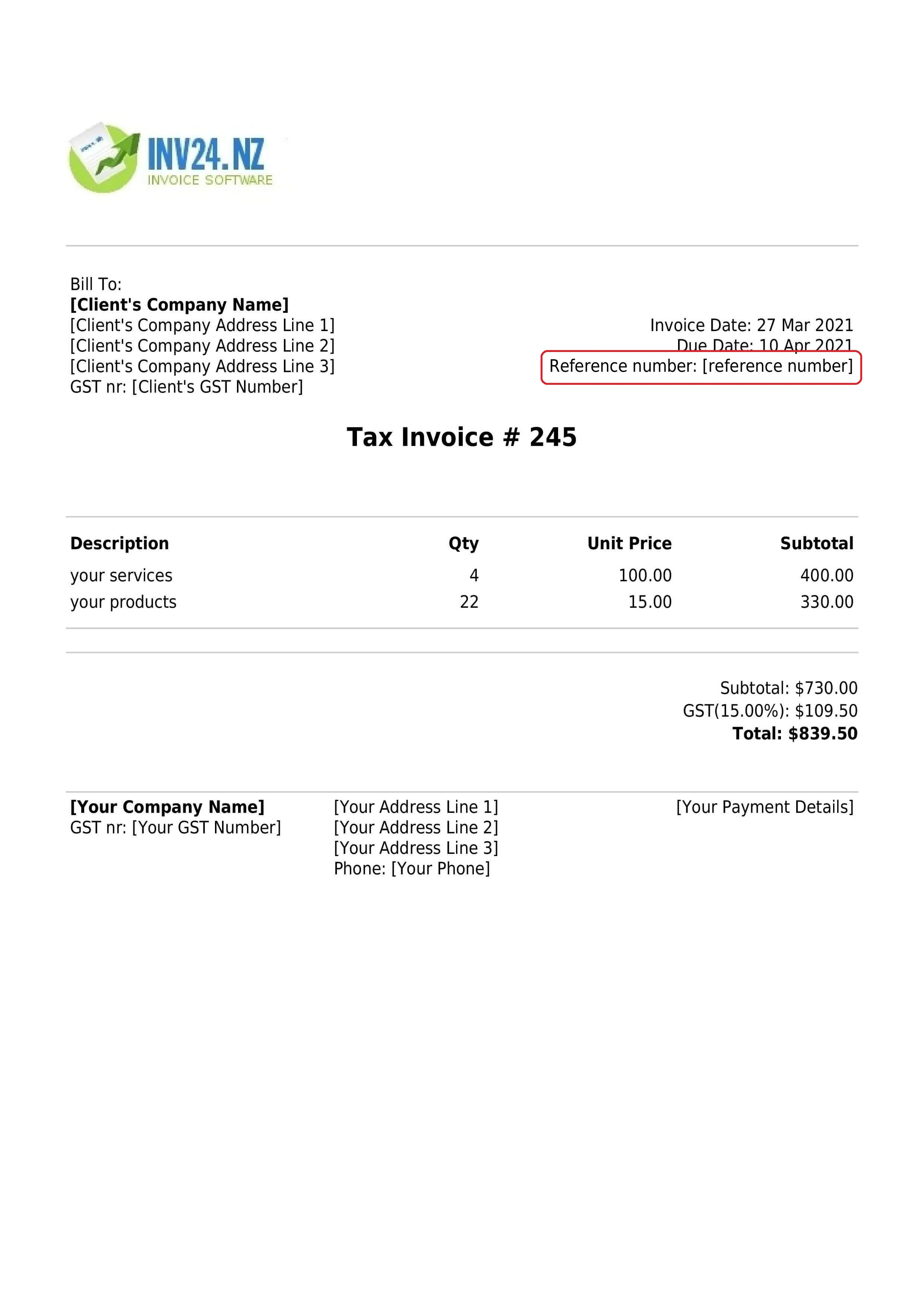 payment reference number on the invoice