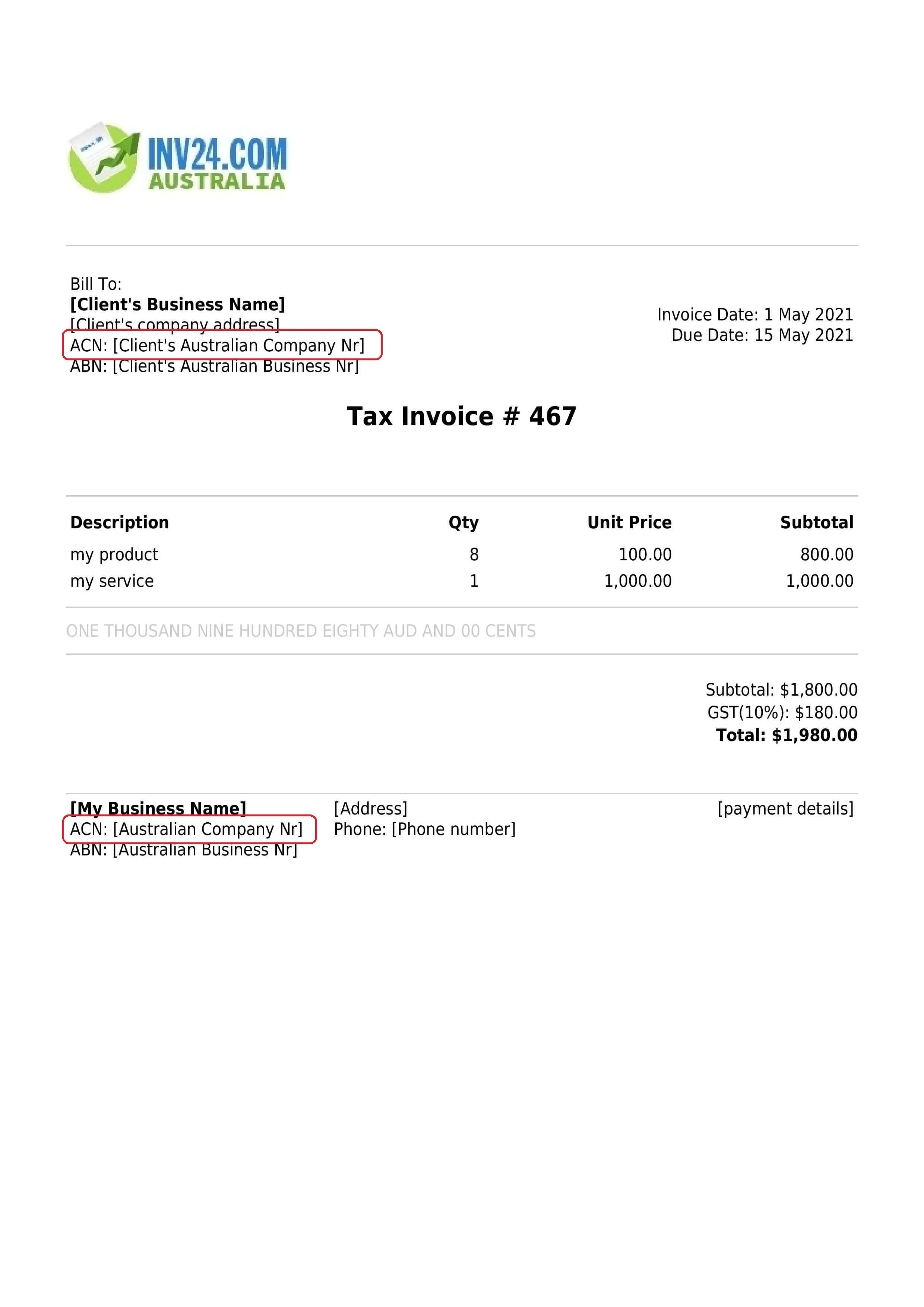 Australian company number acn on the invoice