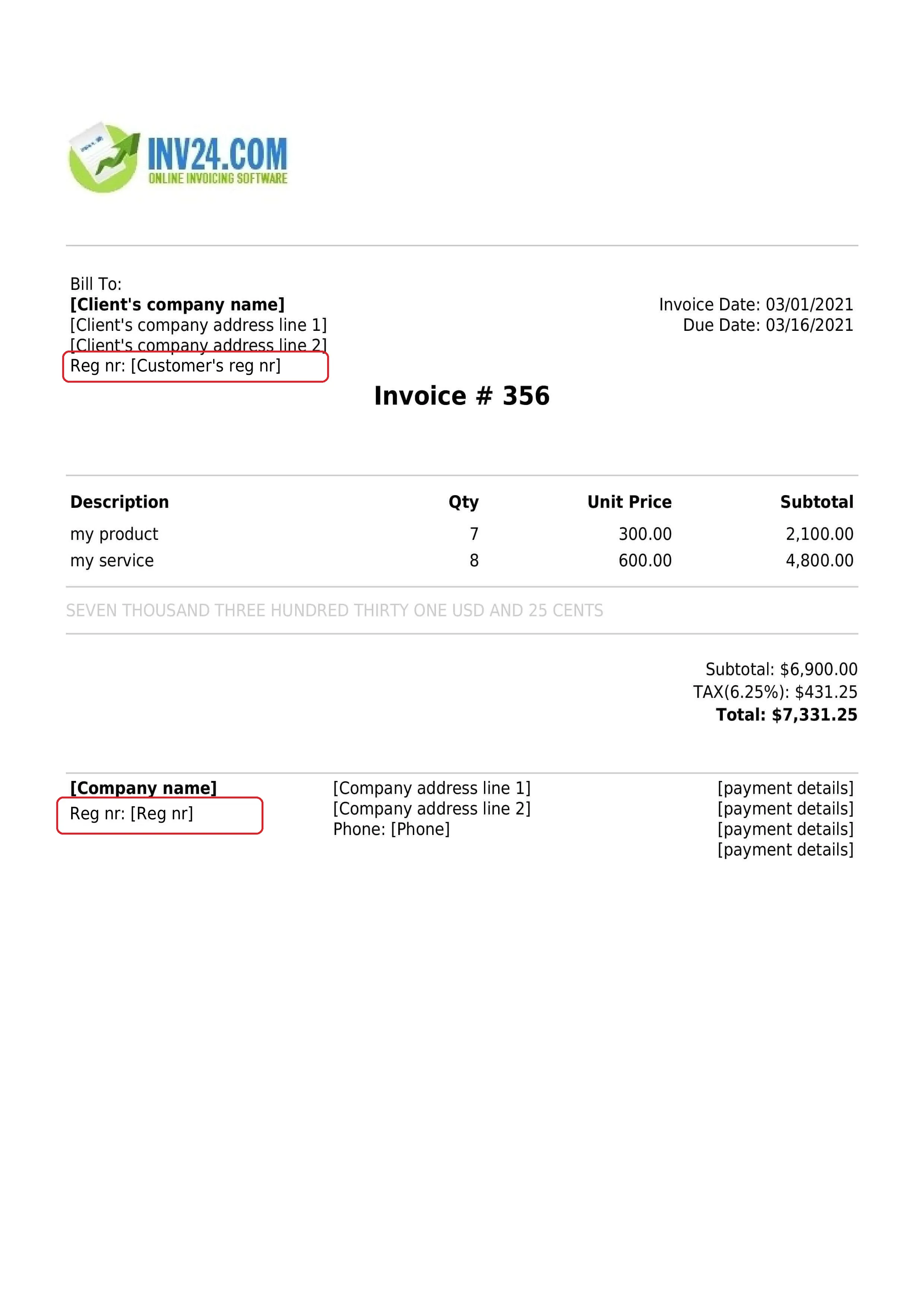 Business registration number on the invoice